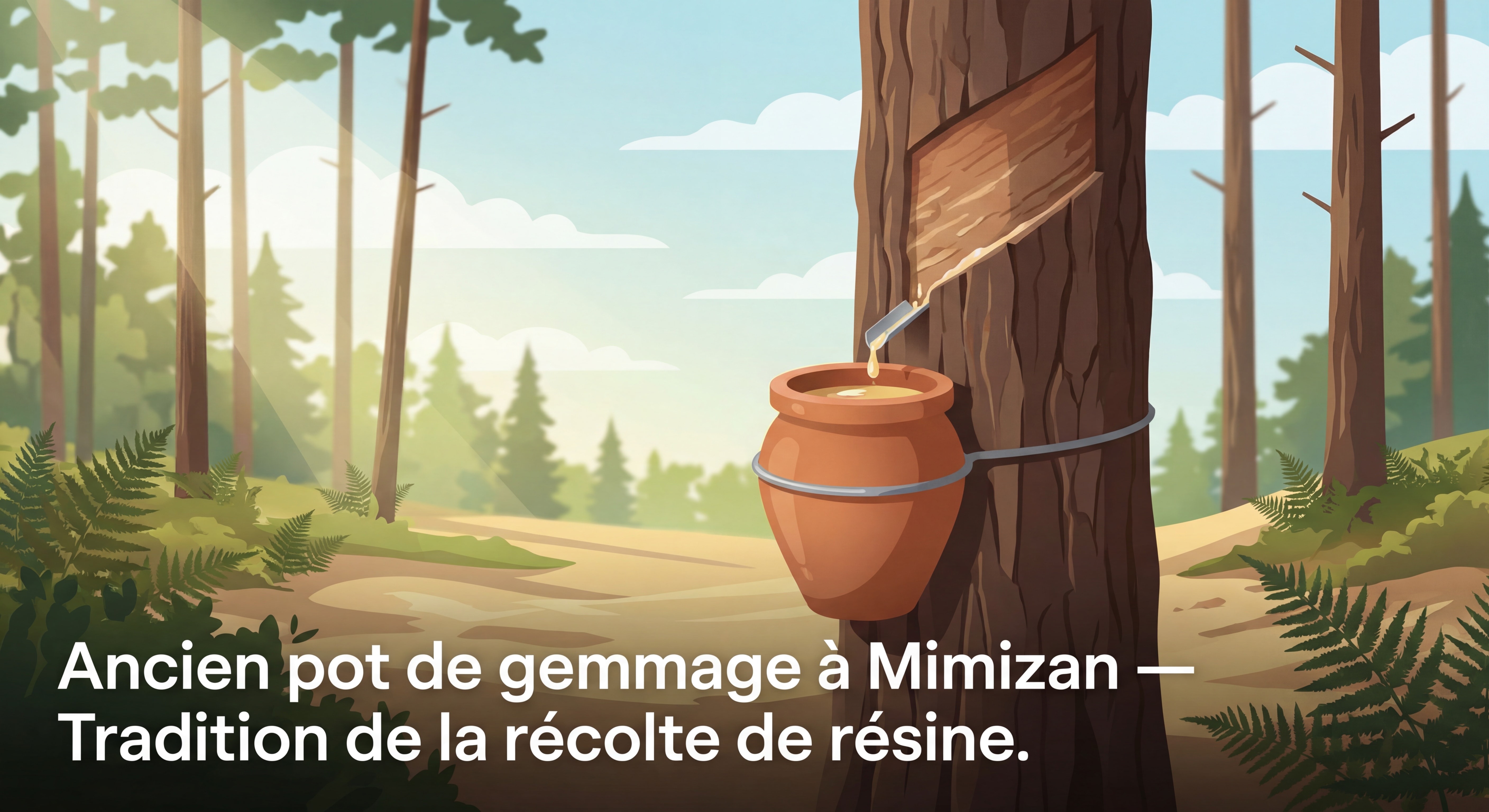 Ancien pot de gemmage accroché à un pin maritime dans la forêt de Mimizan — technique traditionnelle de récolte de la résine landaise
