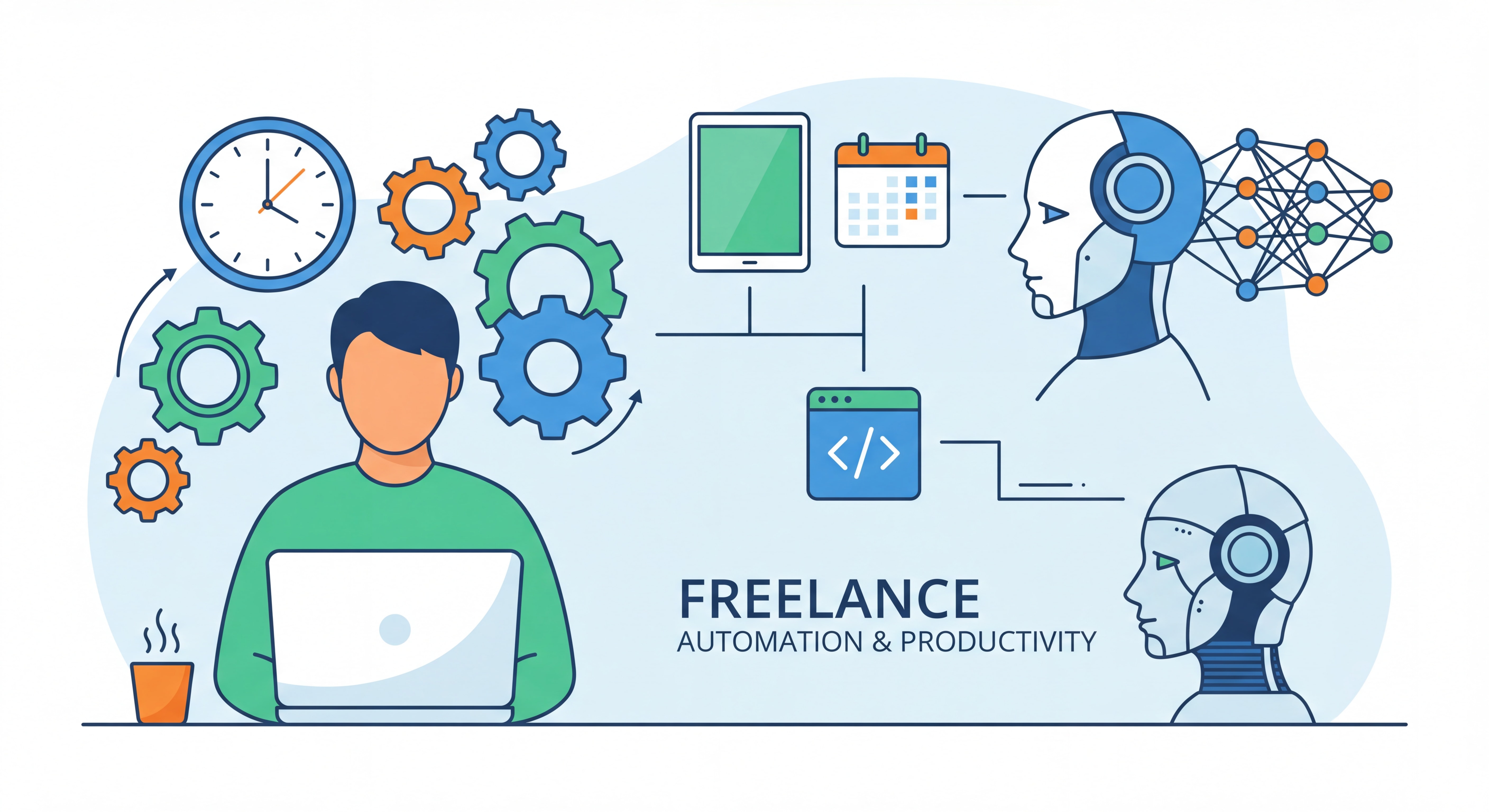 Illustration flat design représentant le concept d'automation et de productivité freelance avec engrenages, horloge, outils connectés et intelligence artificielle, style épuré et moderne