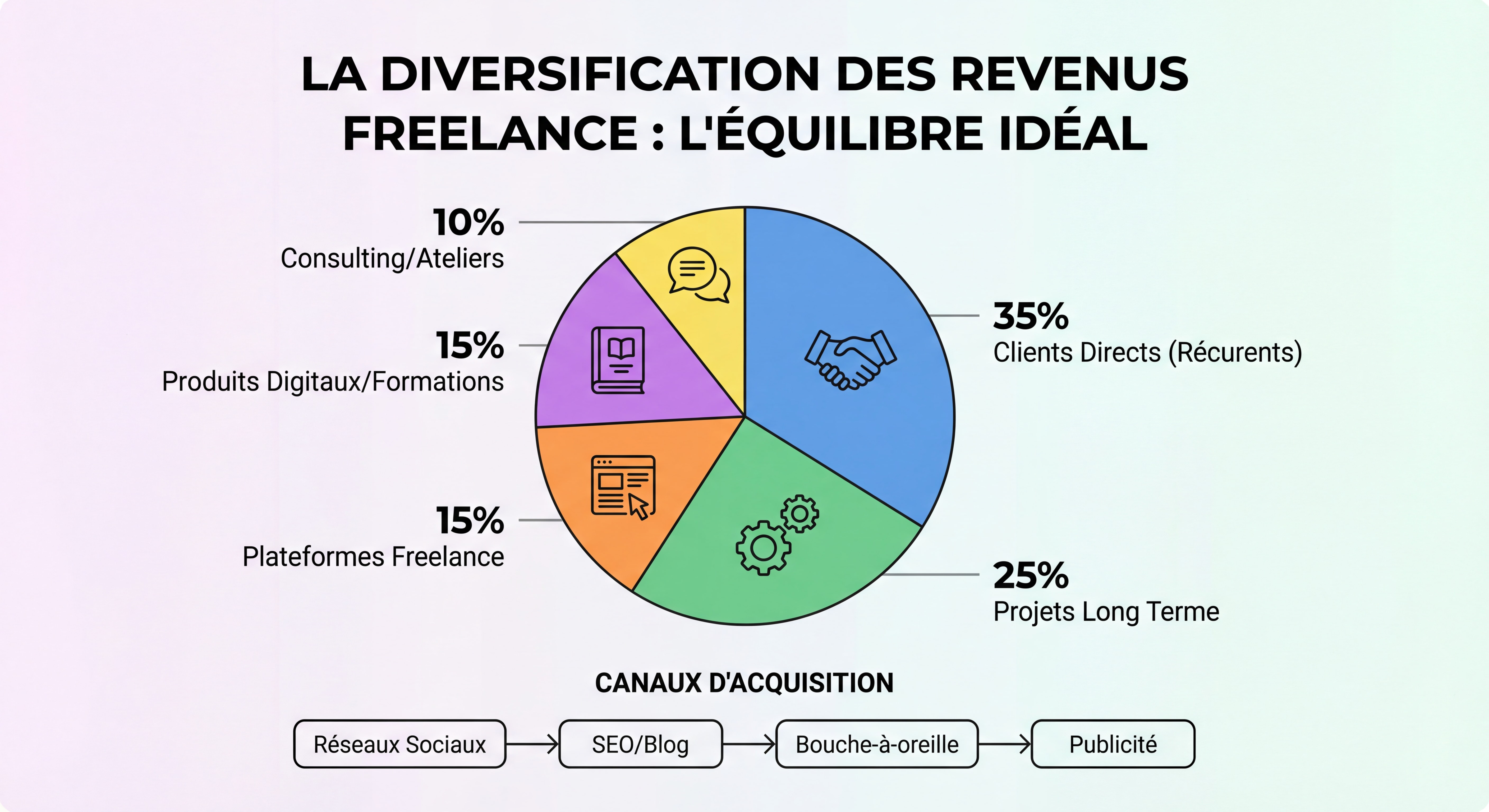 Infographie illustrant la diversification des sources de revenus freelance avec graphique en camembert montrant la répartition idéale des clients et canaux d'acquisition