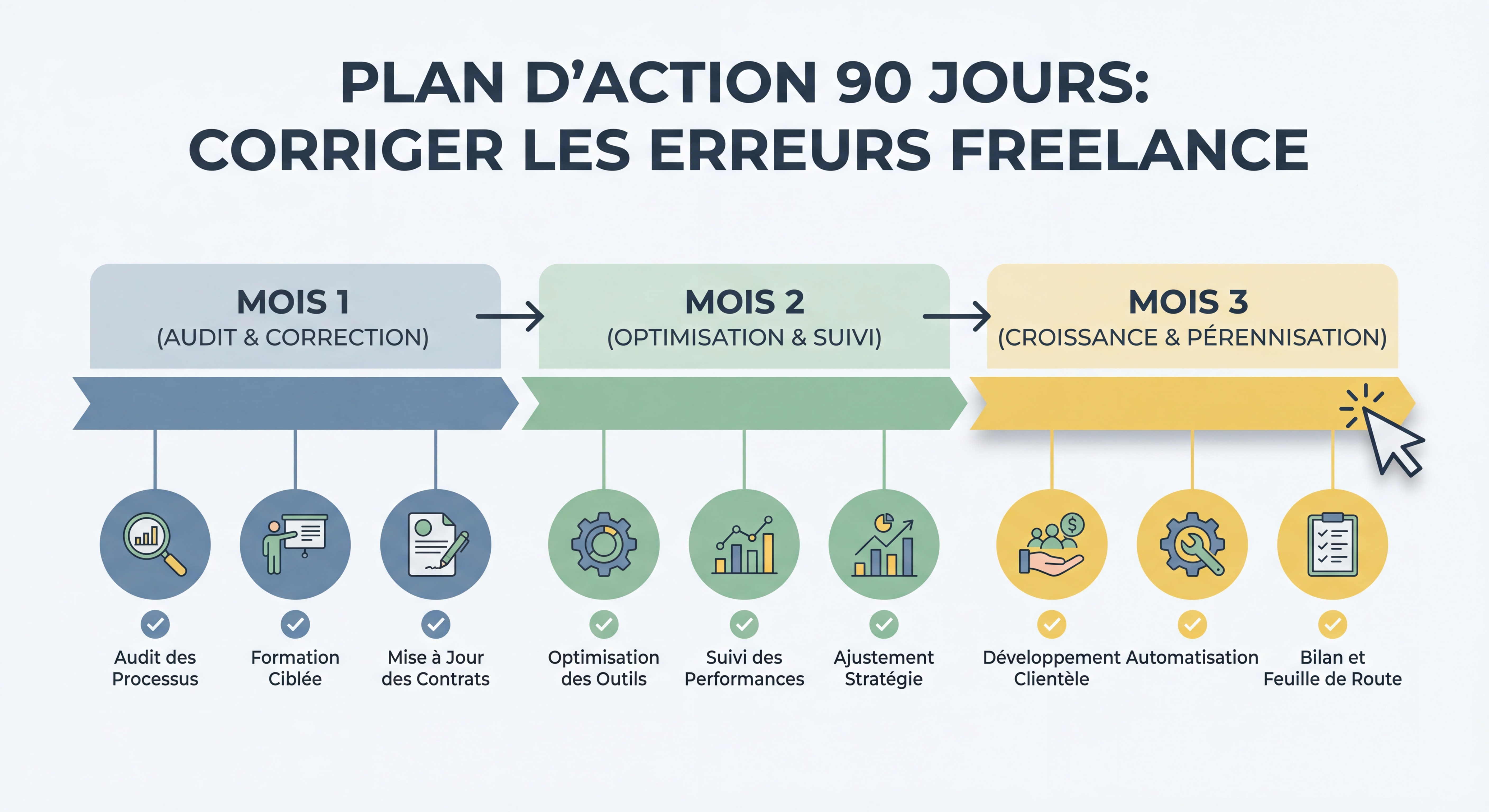 Schéma roadmap plan d'action 90 jours pour corriger les erreurs freelance, timeline visuelle avec étapes clés mois par mois, style infographie moderne