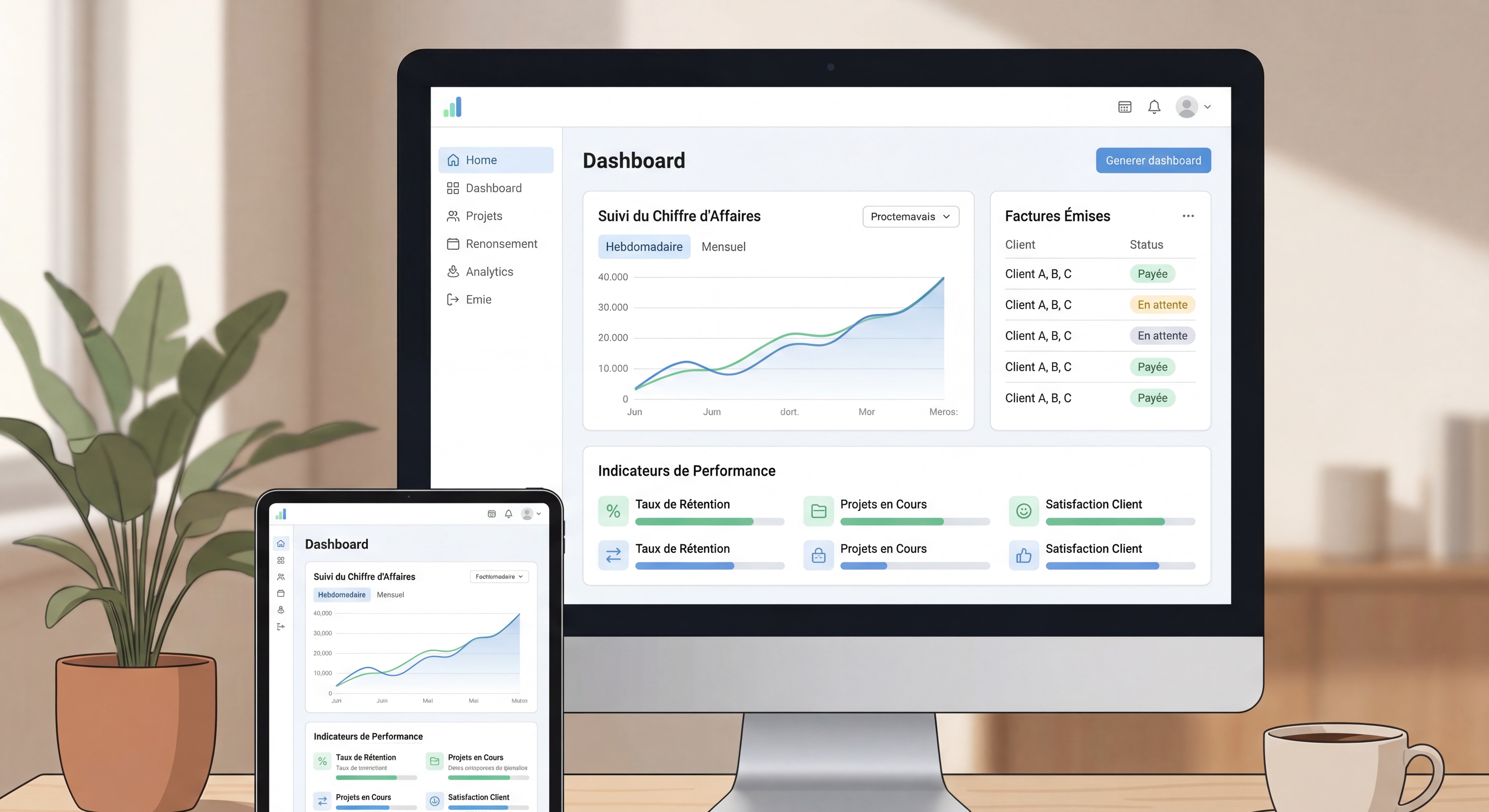 Dashboard moderne d'un outil de gestion freelance montrant le suivi du chiffre d'affaires, les factures émises et les indicateurs de performance, interface épurée et inspirante