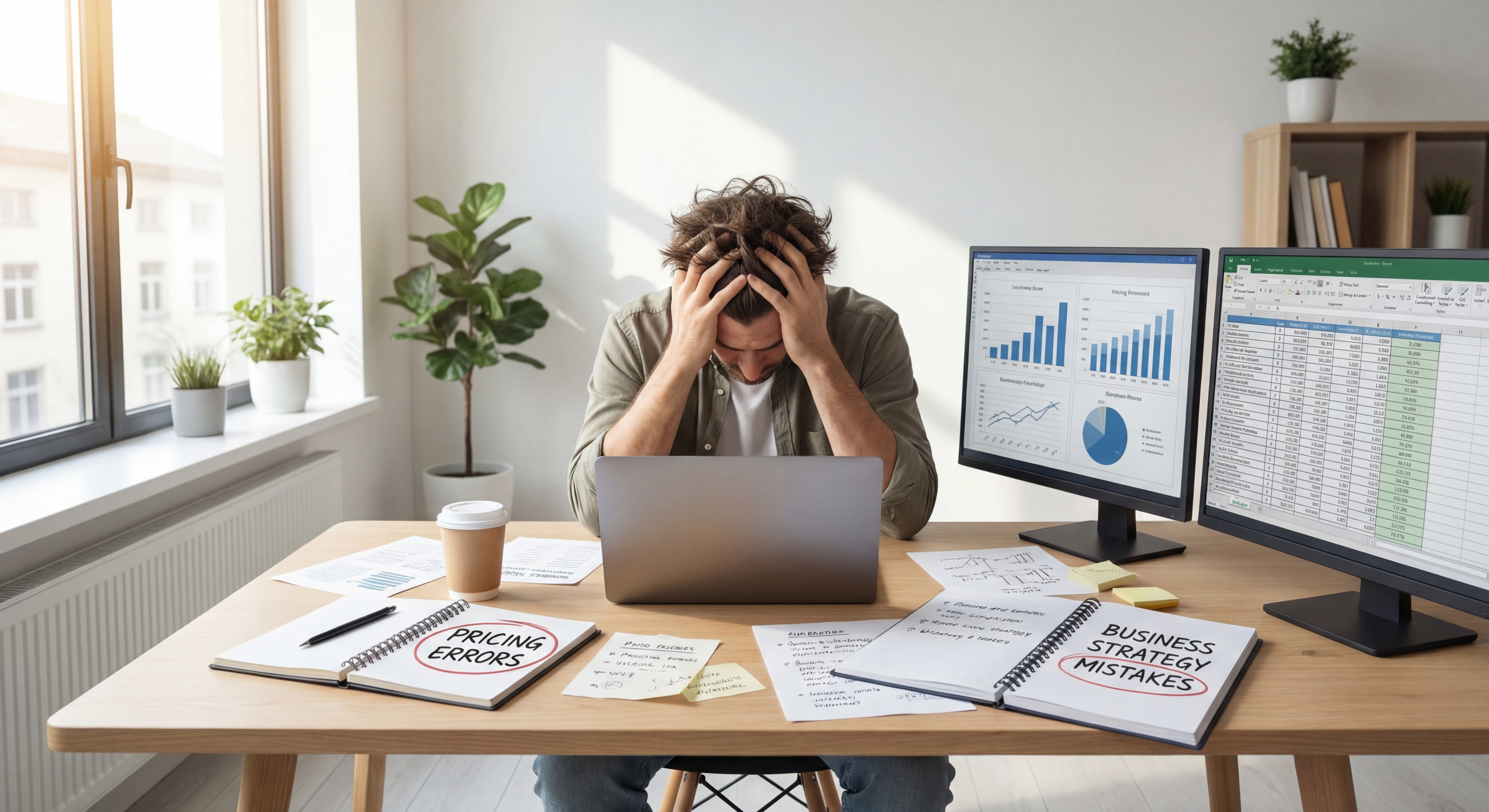 Freelance frustré devant son ordinateur réalisant ses erreurs de pricing et de stratégie commerciale, bureau moderne, lumière naturelle