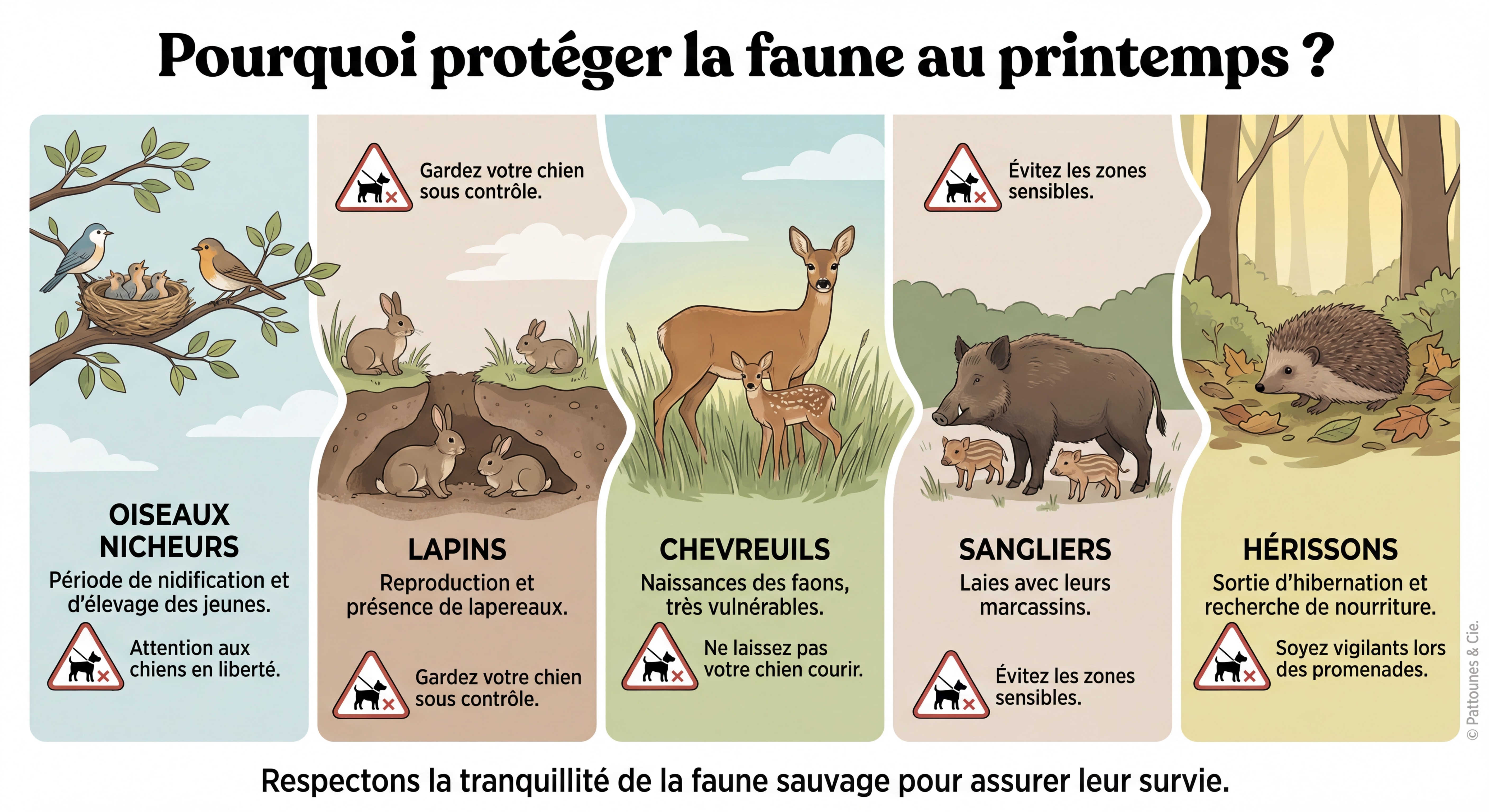 Infographie ultra détaillée style illustration en français sur la faune sauvage protégée au printemps : oiseaux nicheurs, lapins, chevreuils, sanglions, hérissons. Représentation des dangers que représentent les chiens pendant la reproduction. Titre "Pourquoi protéger la faune au printemps ?". Couleurs douces et naturelles. Filigrane discret "© Pattounes & Cie".