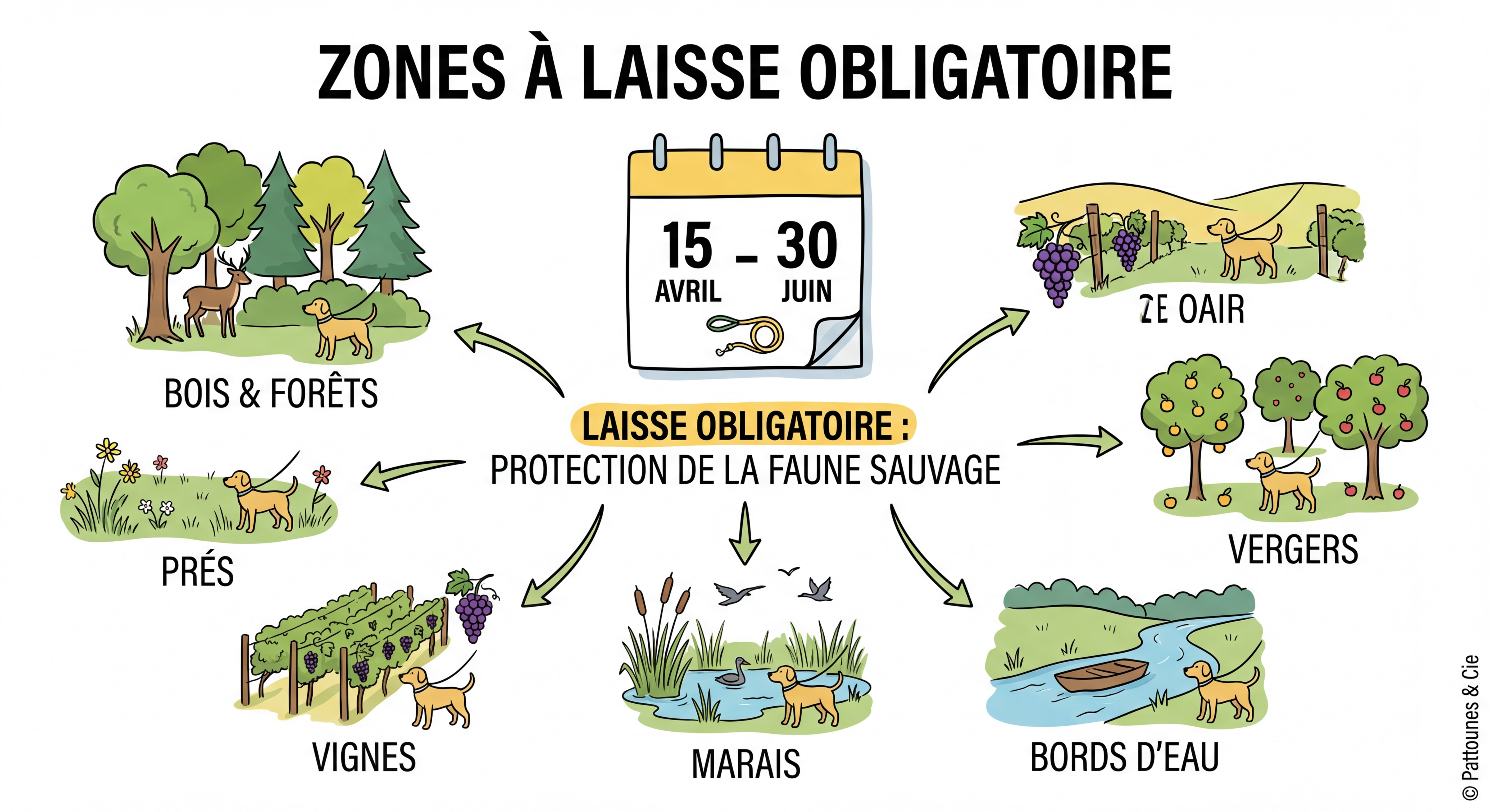 Infographie ultra détaillée style illustration en français sur les zones où la laisse est obligatoire du 15 avril au 30 juin. Icônes dessinées illustratives représentant bois, forêts, prés, vignes, vergers, marais, bords d'eau. Couleurs printanières (vert, jaune, bleu). Titre "Zones à laisse obligatoire". Filigrane discret "© Pattounes & Cie".