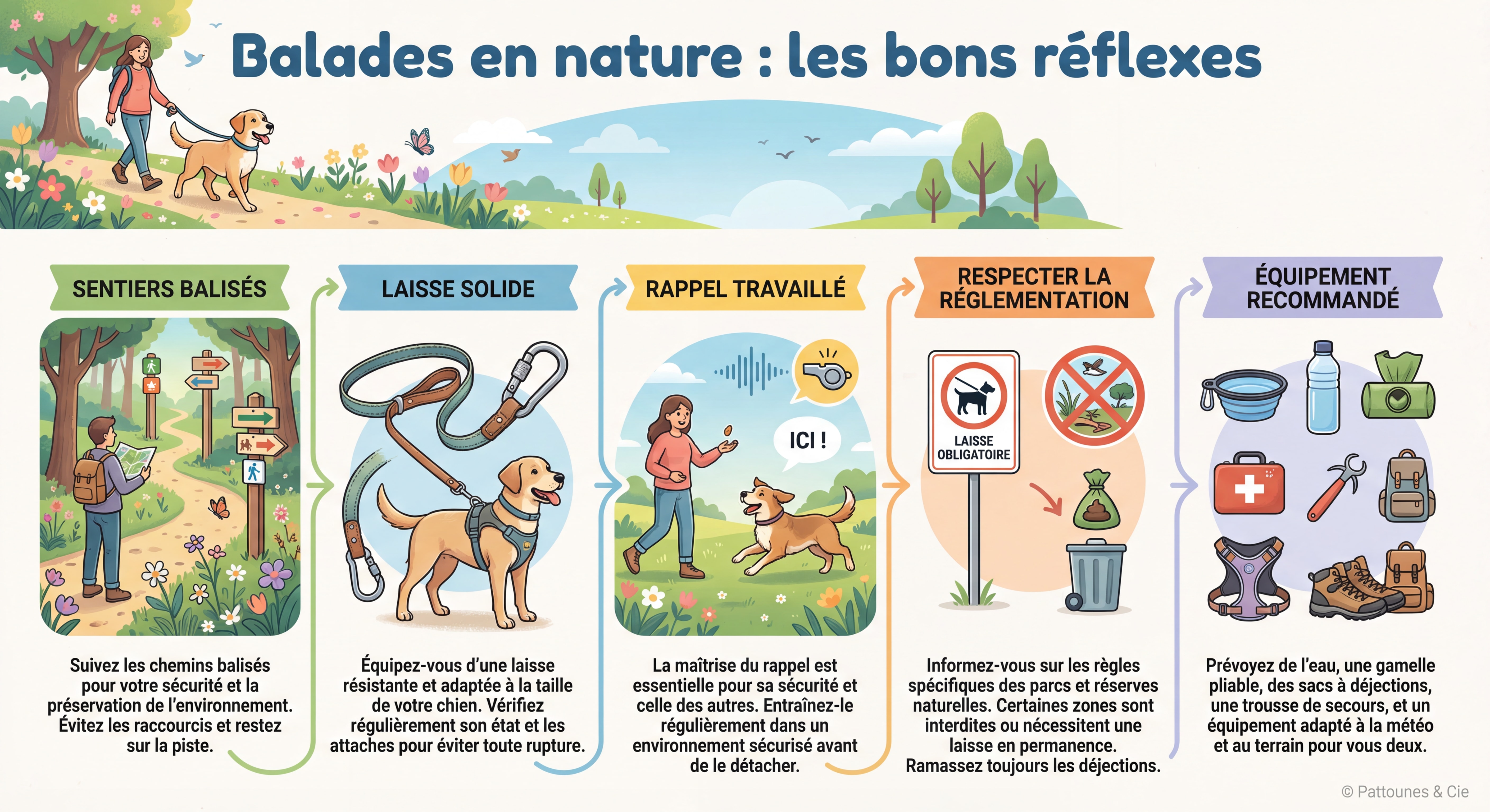 Infographie ultra détaillée style illustration en français sur les conseils pratiques pour balader son chien en nature au printemps : sentiers balisés, laisse solide, rappel travaillé, respecter la réglementation, équipement recommandé. Titre "Balades en nature : les bons réflexes". Style moderne et dynamique. Filigrane discret "© Pattounes & Cie".