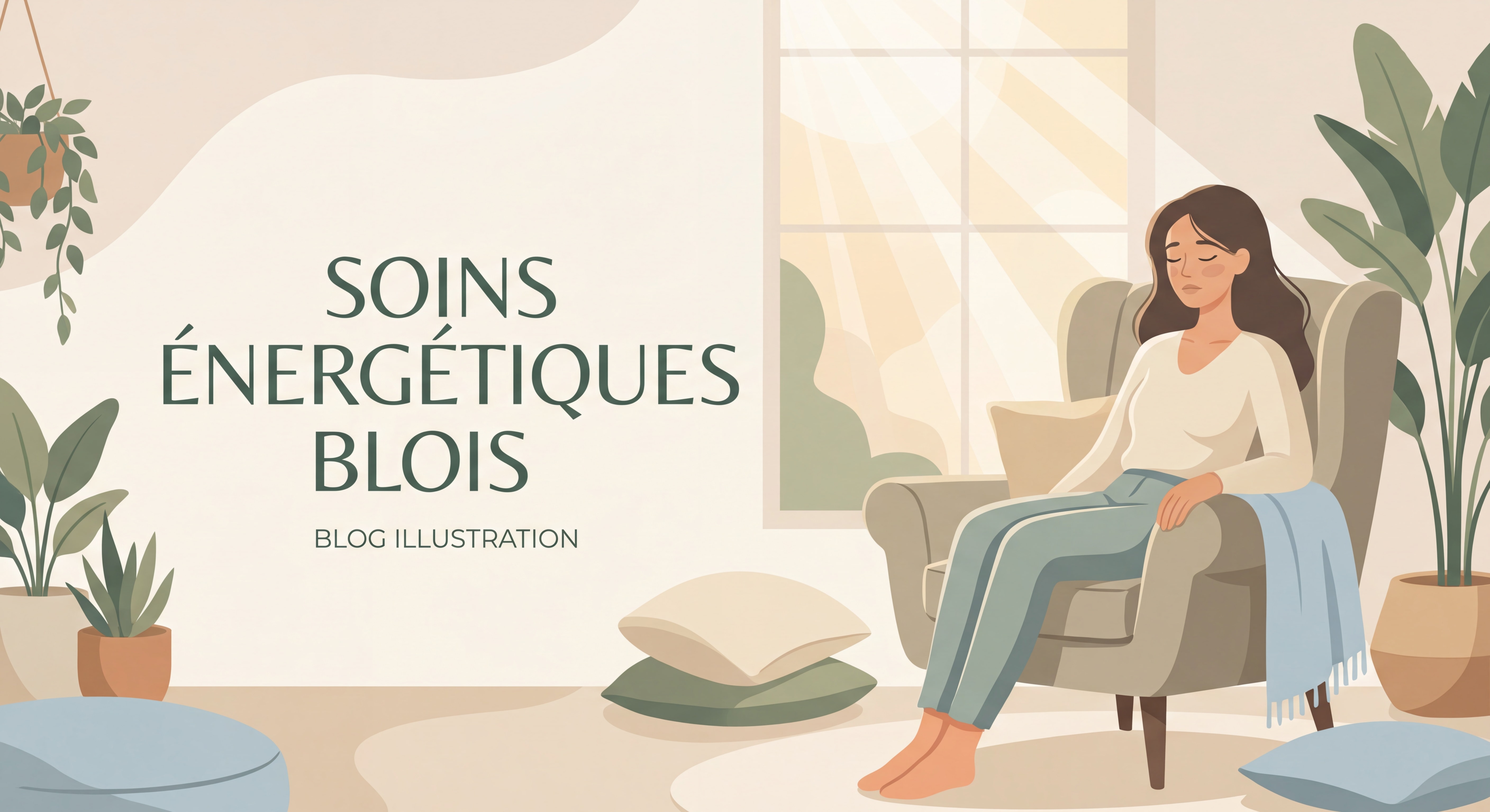 Femme épuisée assise les yeux fermés, lumière douce, ambiance apaisante — soins énergétiques Blois