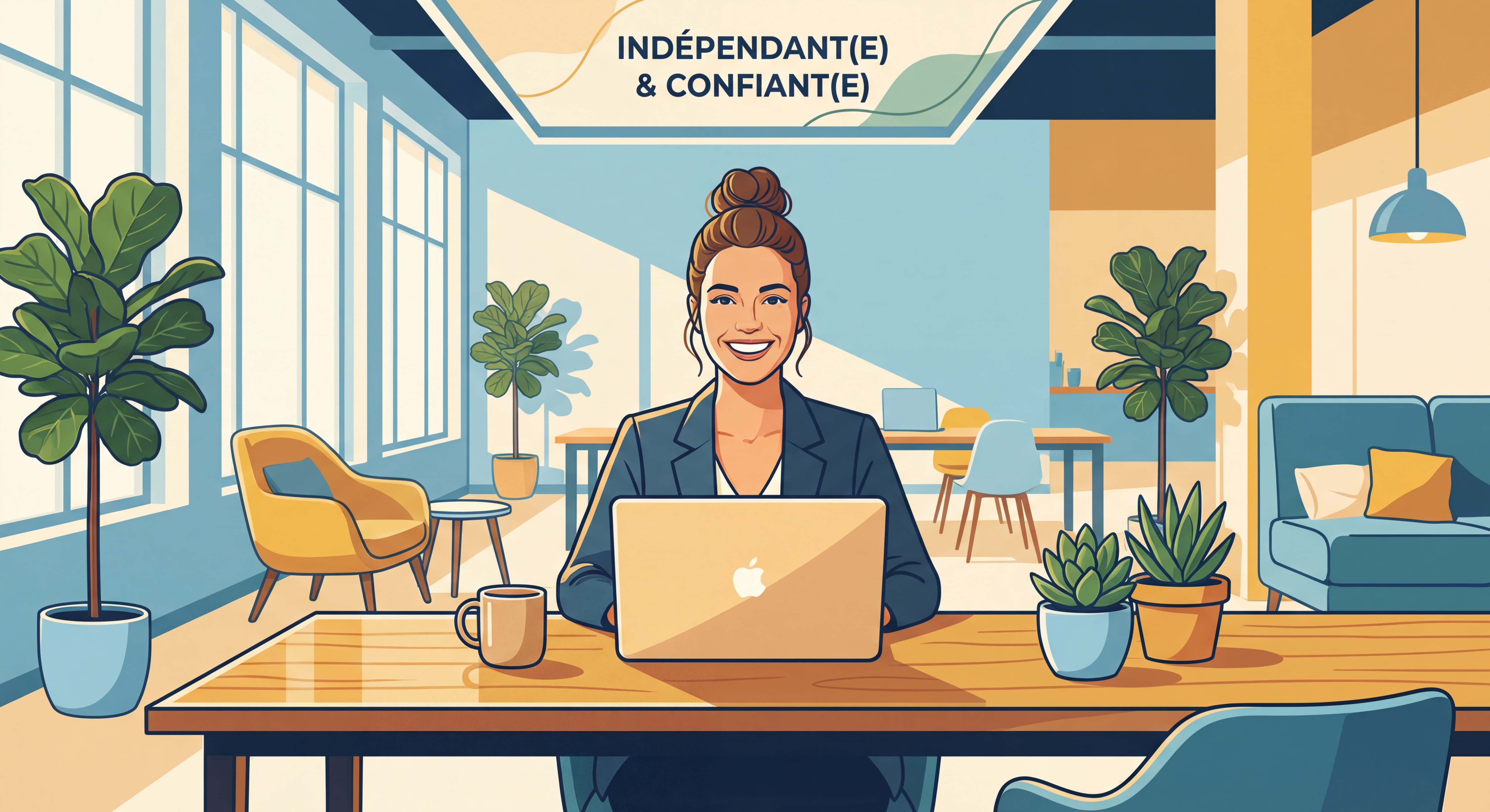 Indépendant(e) confiant(e) souriant devant un laptop dans un espace de travail moderne et lumineux, posture assurée, bureau épuré avec plantes vertes