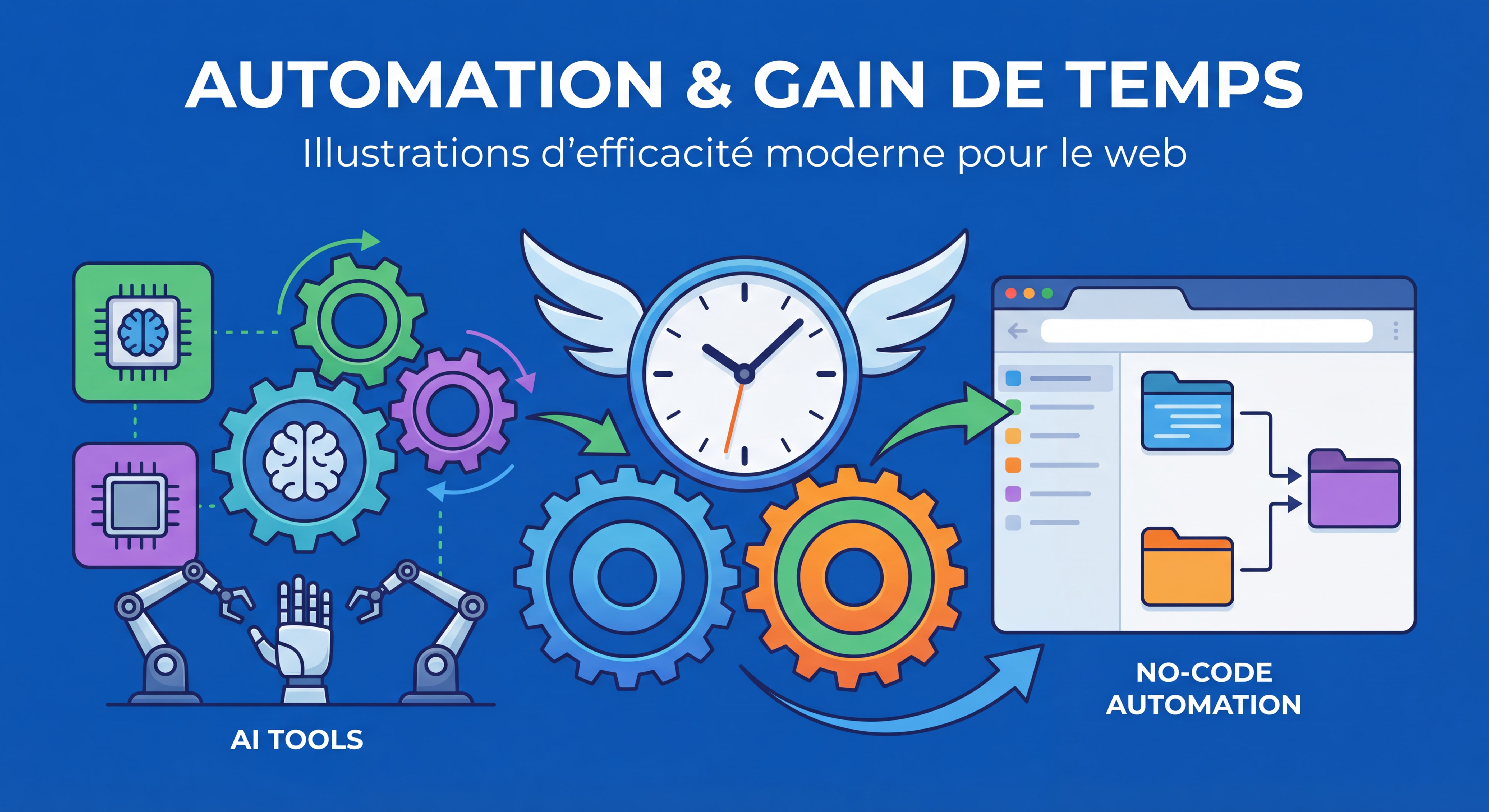 Illustration flat design moderne représentant l'automation et le gain de temps : engrenages connectés, horloge, outils IA, interface no-code, couleurs vives et professionnelles