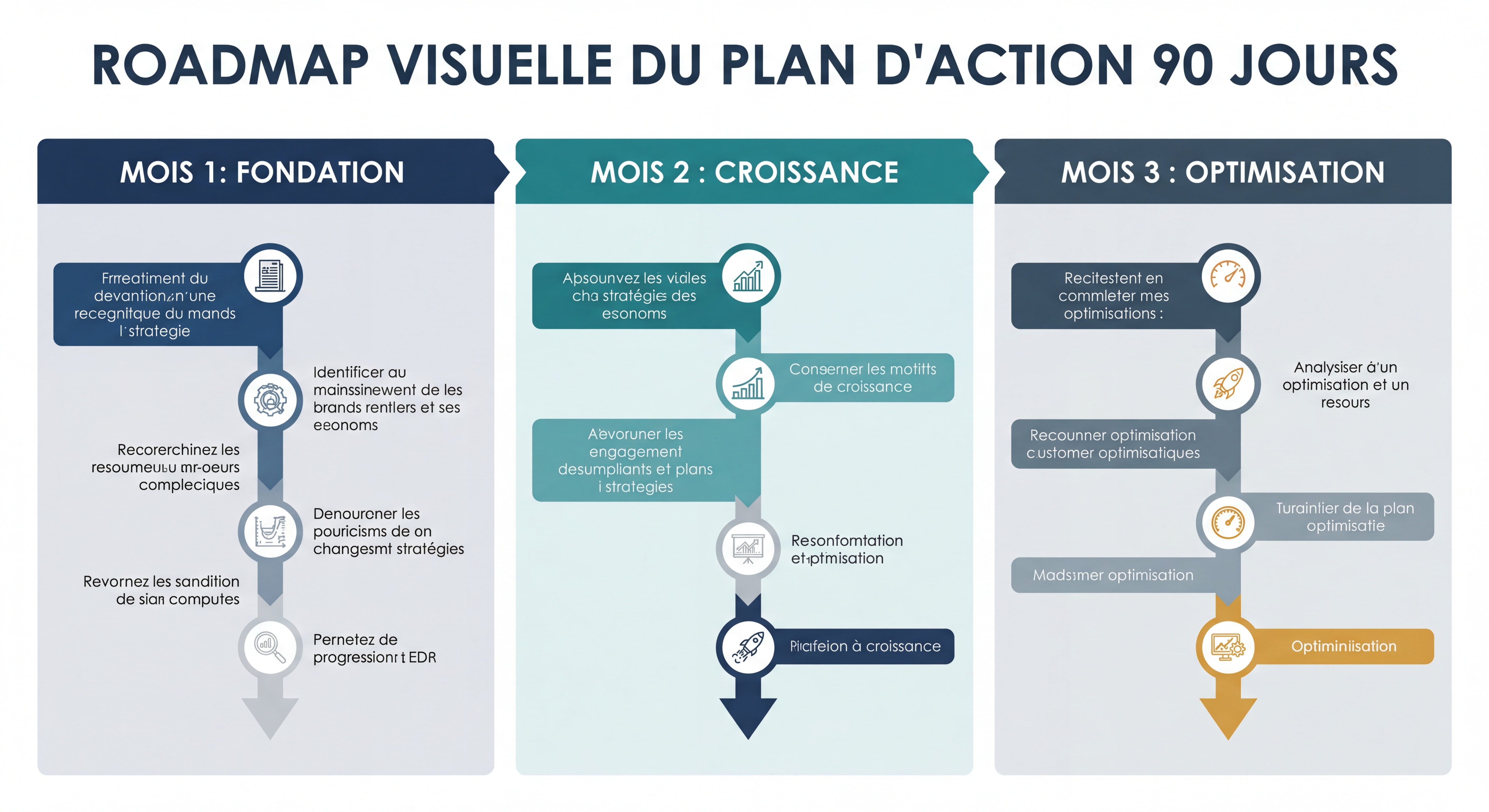 Roadmap visuelle du plan d'action 90 jours — timeline avec 3 étapes mensuelles, design infographique épuré, couleurs professionnelles