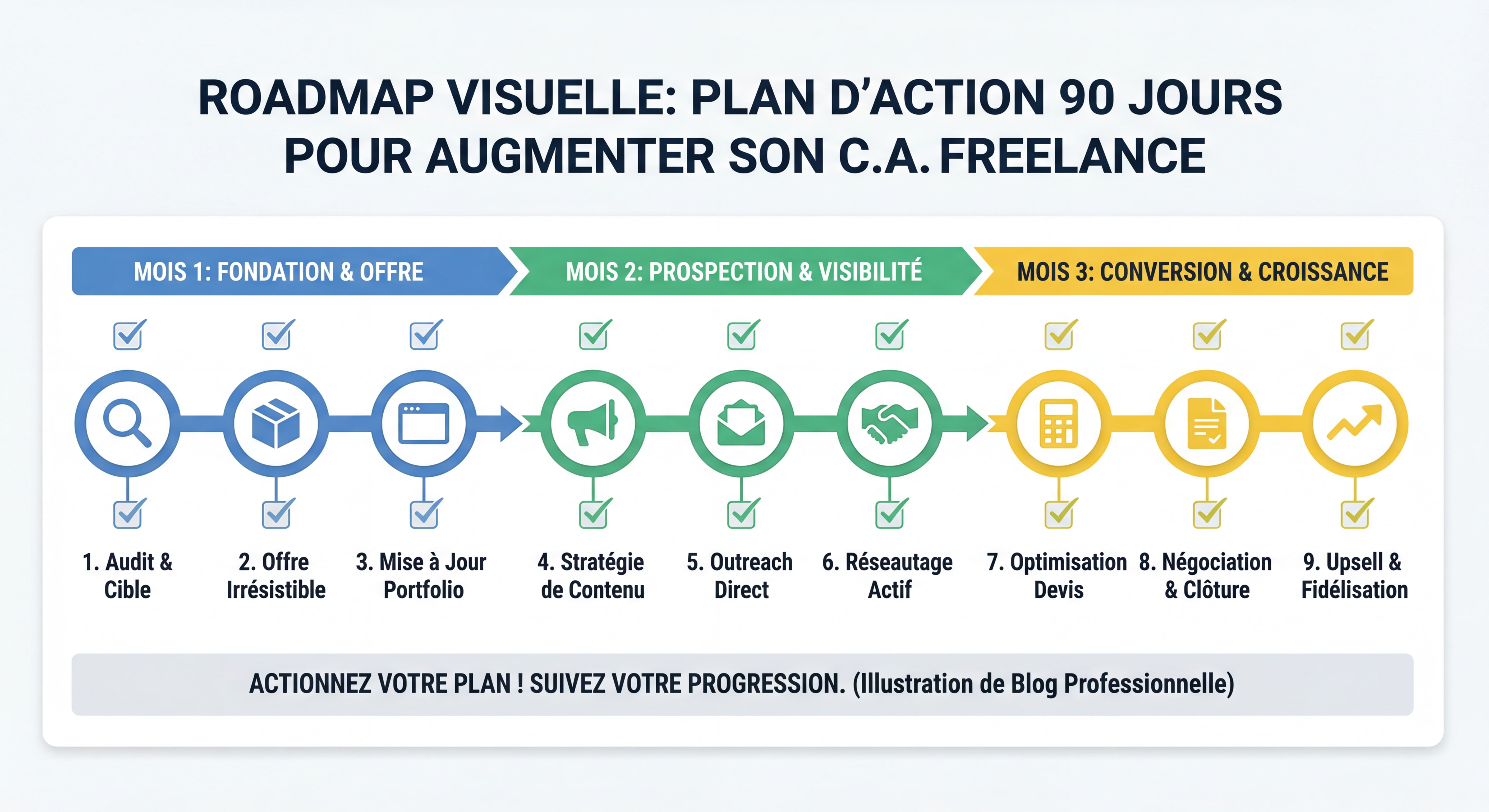 Roadmap visuelle du plan d'action 90 jours pour augmenter son CA freelance, timeline infographique avec étapes clés par mois, style épuré et actionnable