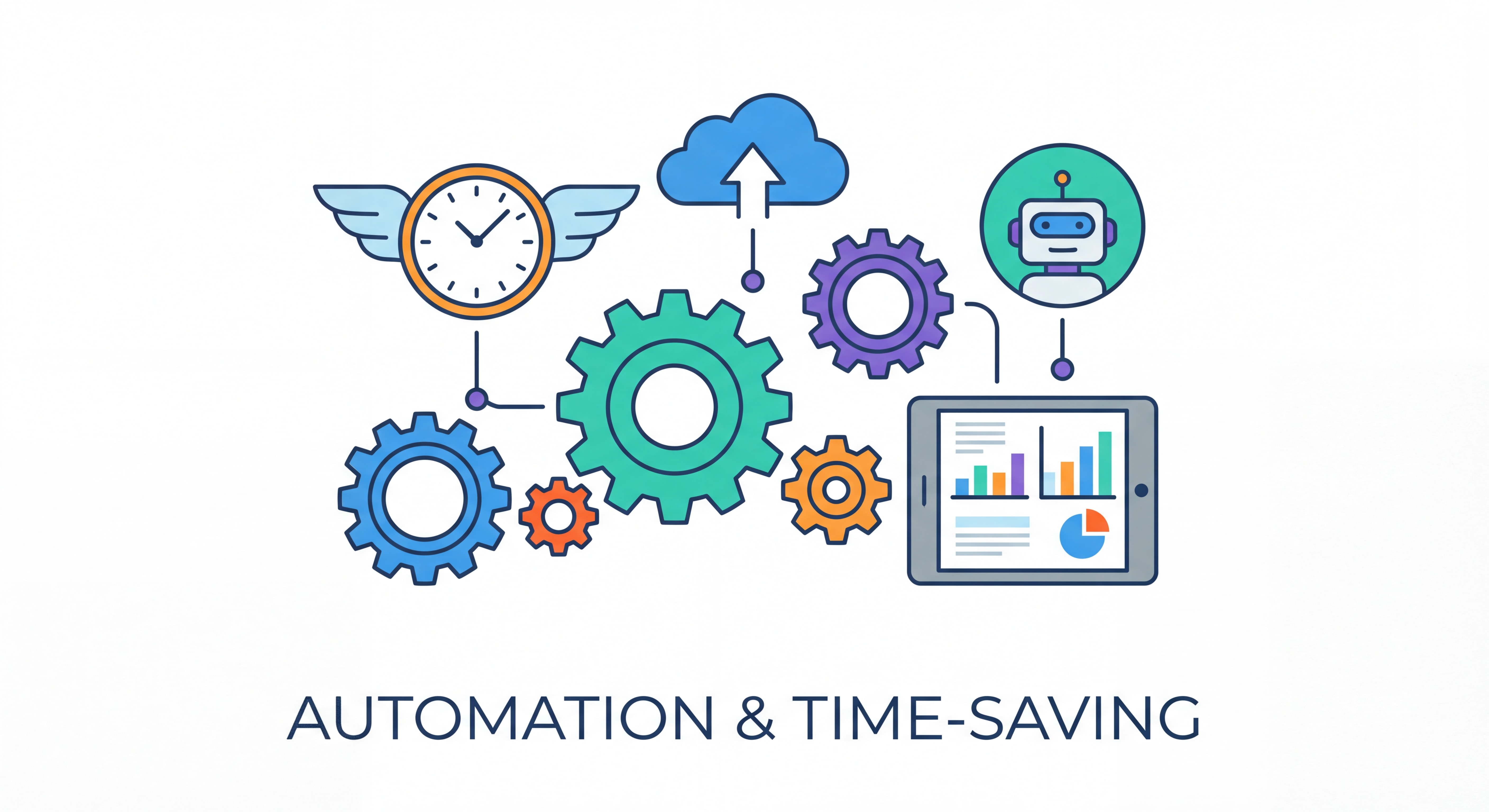Illustration flat design représentant l'automation et le gain de temps : engrenages connectés, horloge, outils numériques et IA, style épuré et couleurs vives professionnelles