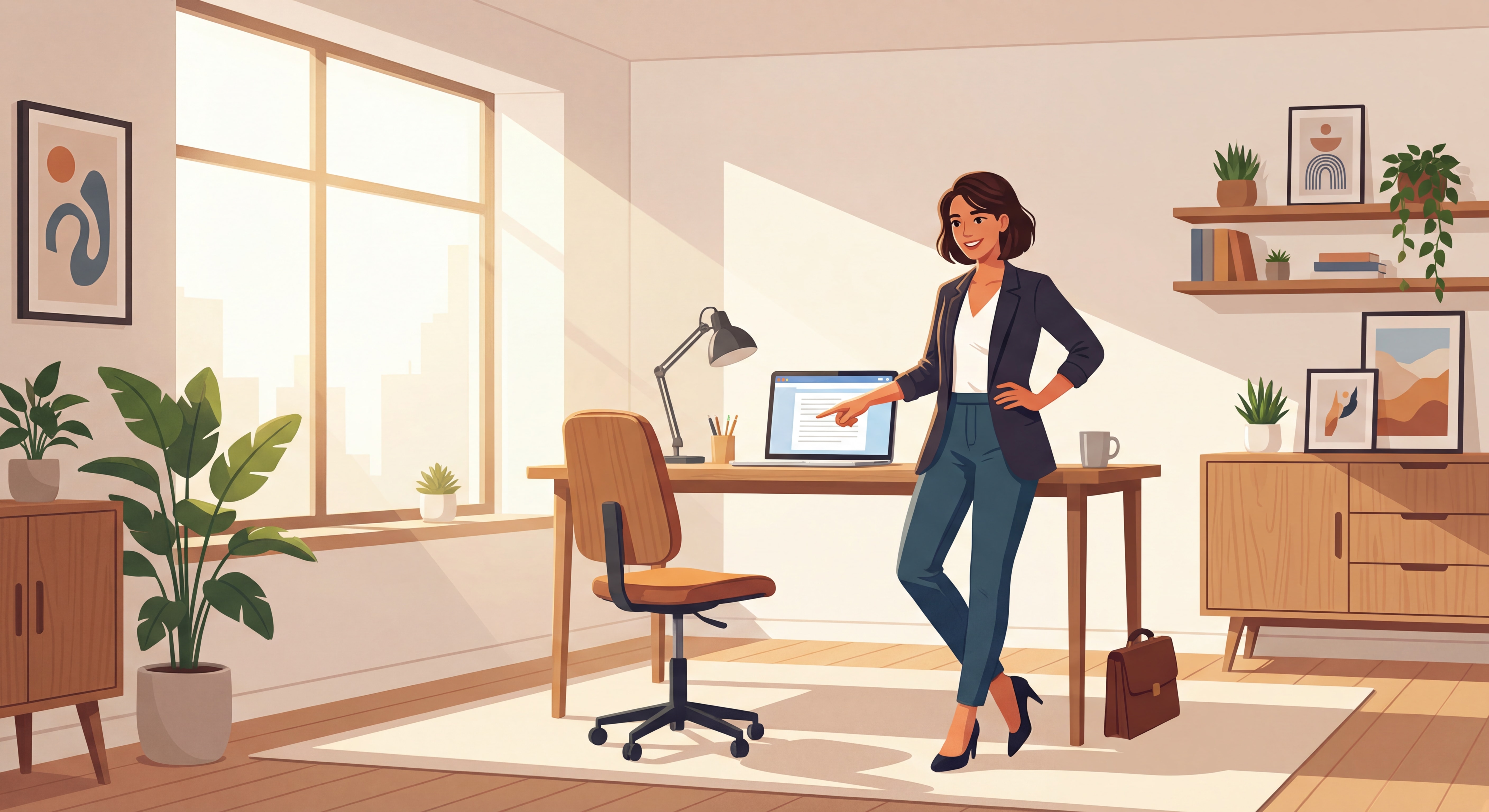 Indépendant(e) confiant(e) devant un bureau moderne avec laptop, souriant, posture dynamique et inspirante, lumière naturelle, ambiance professionnelle et authentique