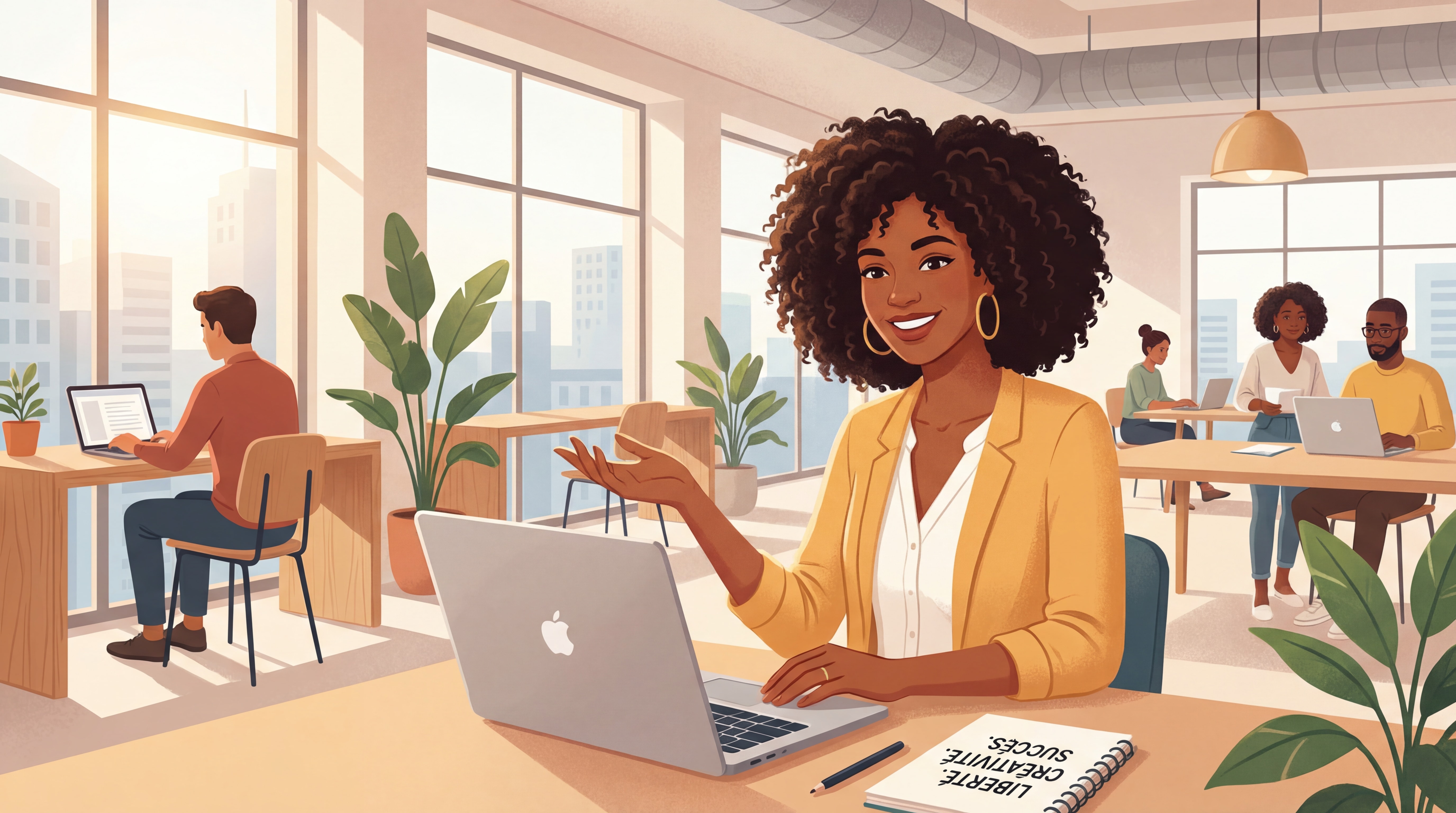 Indépendant(e) confiant(e) souriant devant un laptop dans un espace de coworking moderne, lumière naturelle, posture inspirante