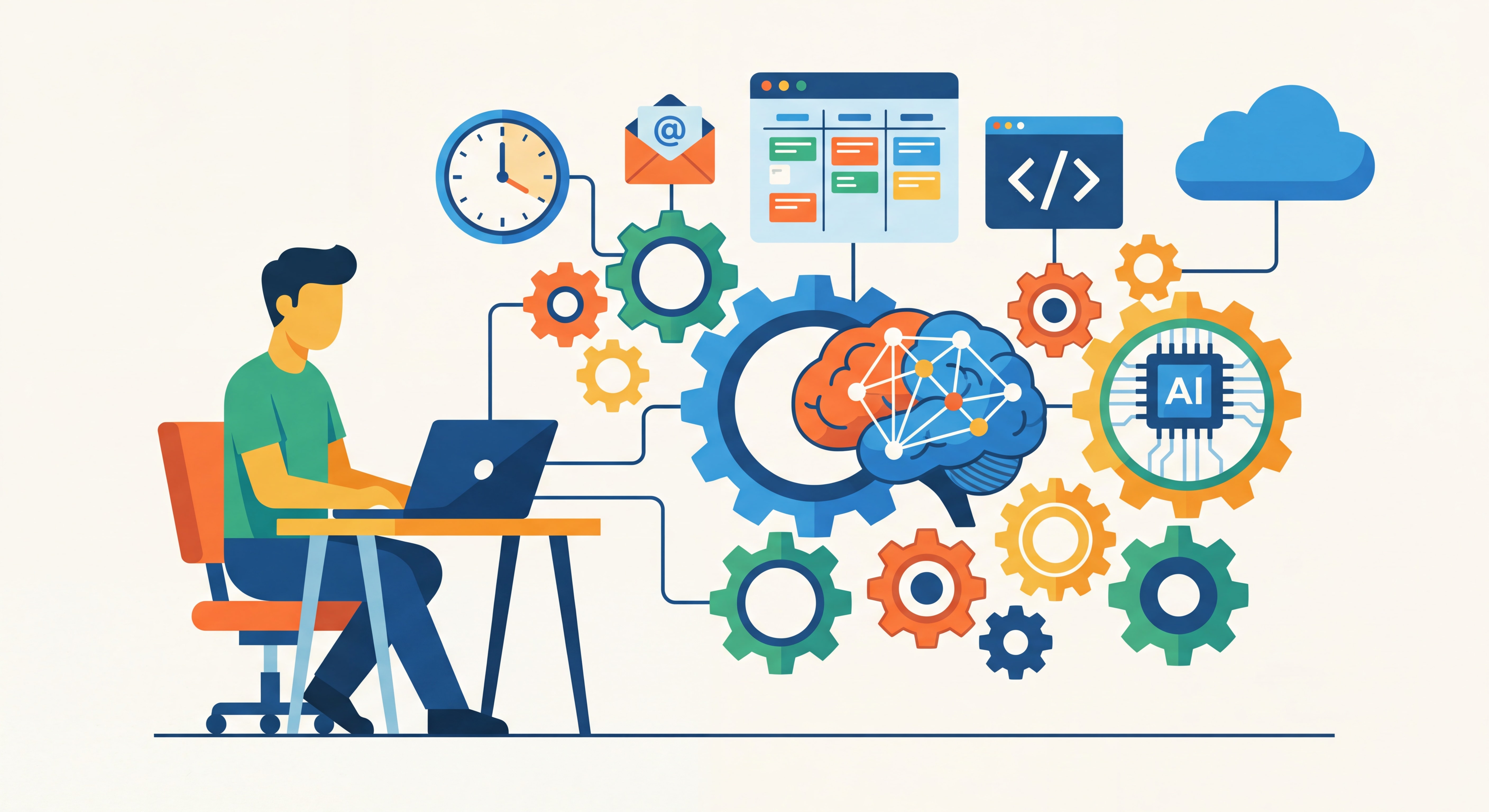 Illustration flat design moderne représentant l'automation freelance, engrenages interconnectés, horloge, outils numériques et IA, couleurs vives et professionnelles sur fond épuré