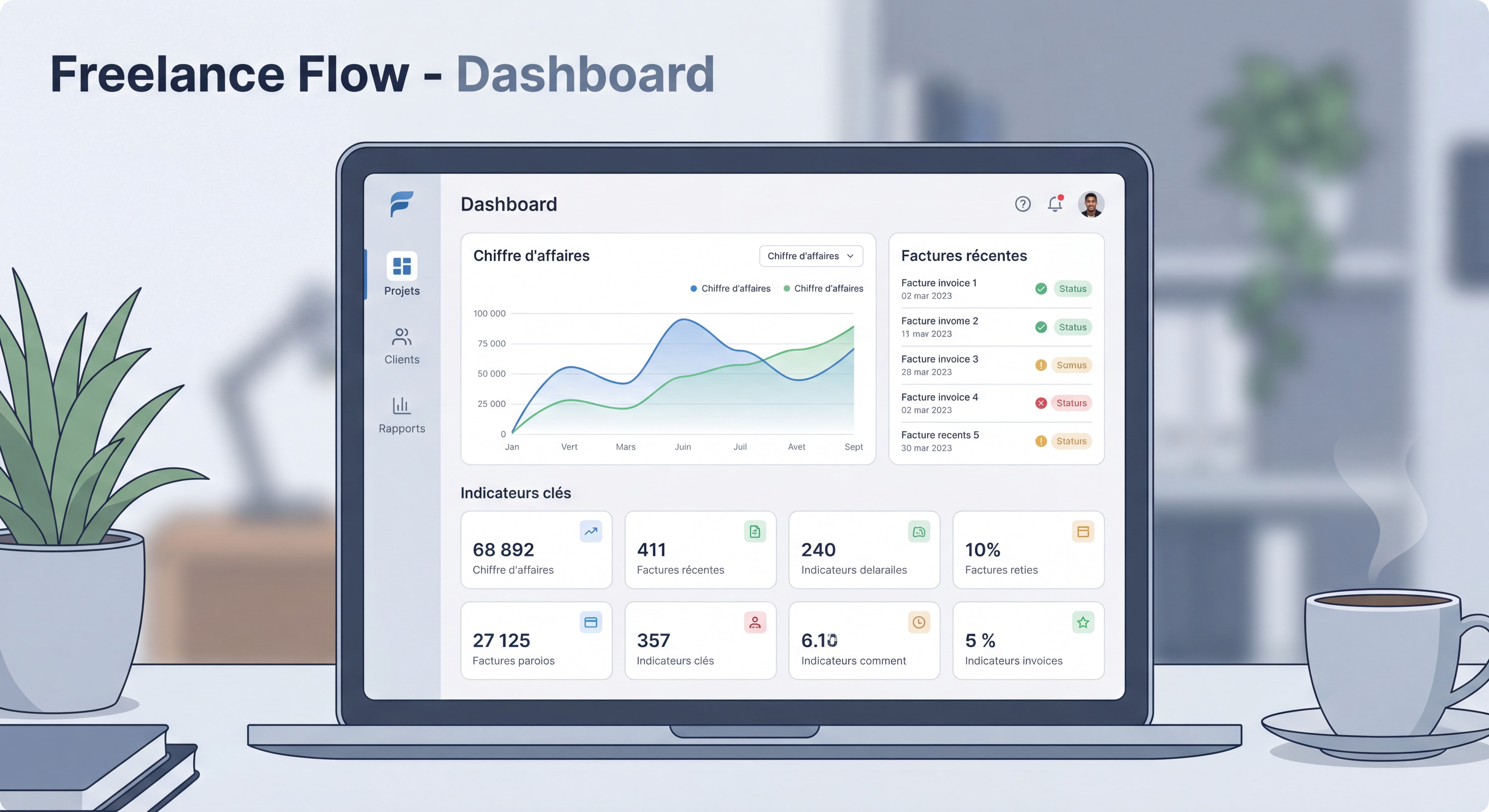 Dashboard moderne d'un outil de gestion freelance montrant le suivi du chiffre d'affaires, des factures et des indicateurs clés, interface épurée et inspirante