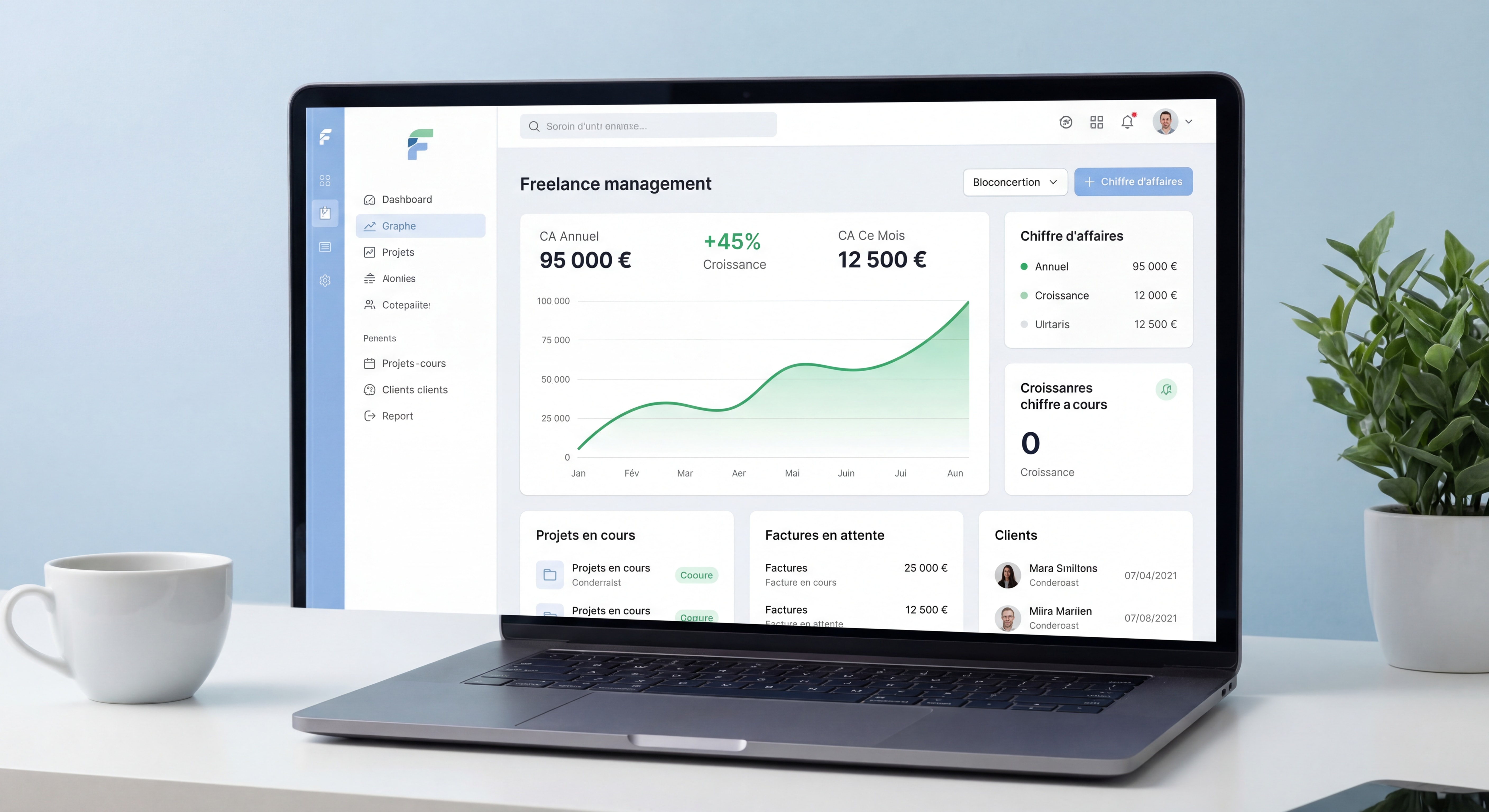 Dashboard épuré d'un outil de gestion freelance montrant un suivi de chiffre d'affaires avec courbe ascendante, interface moderne et données inspirantes
