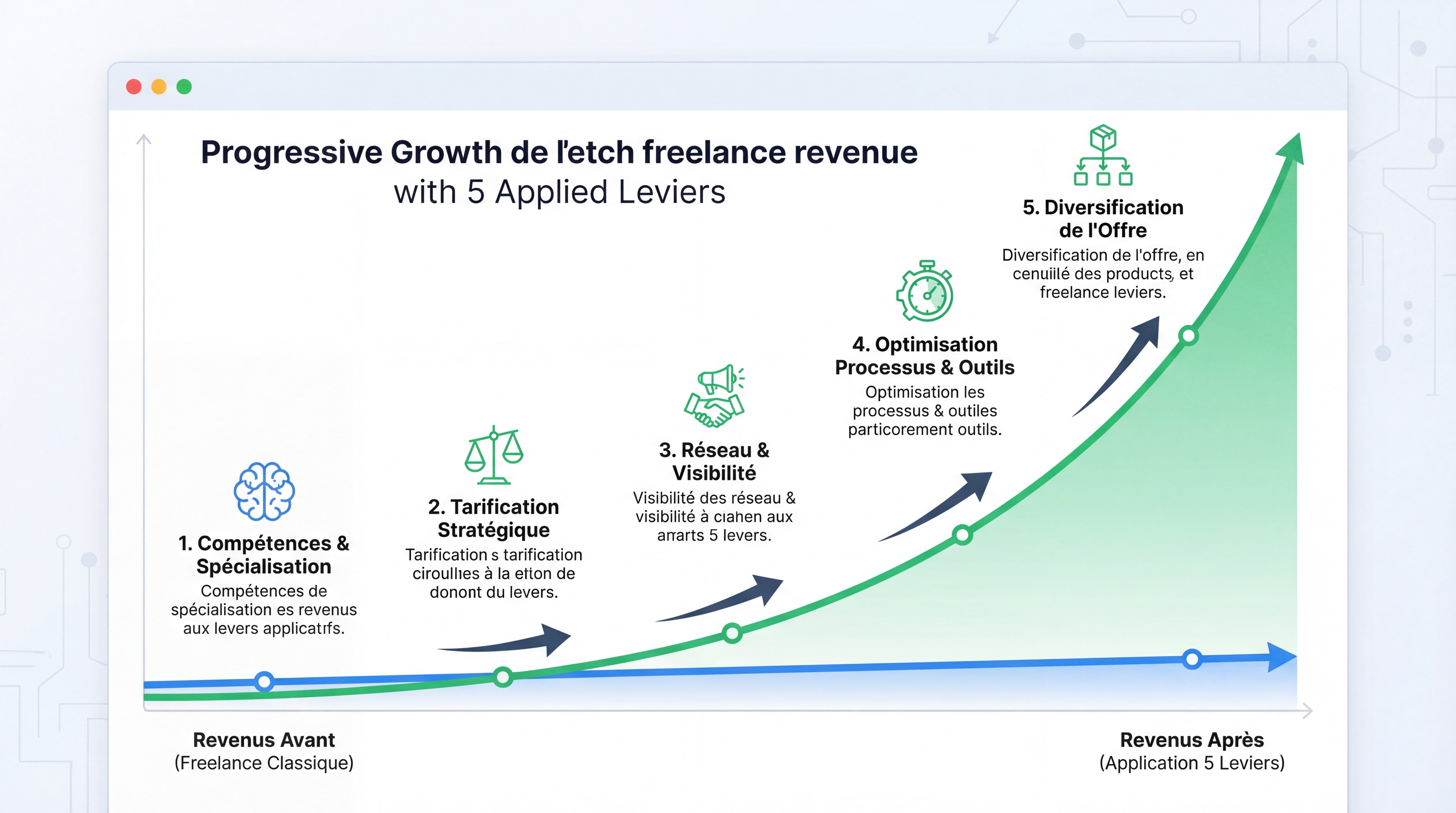Infographie comparative montrant l'évolution du chiffre d'affaires freelance avec application progressive des 5 leviers, courbe ascendante avant/après, design moderne data visualization