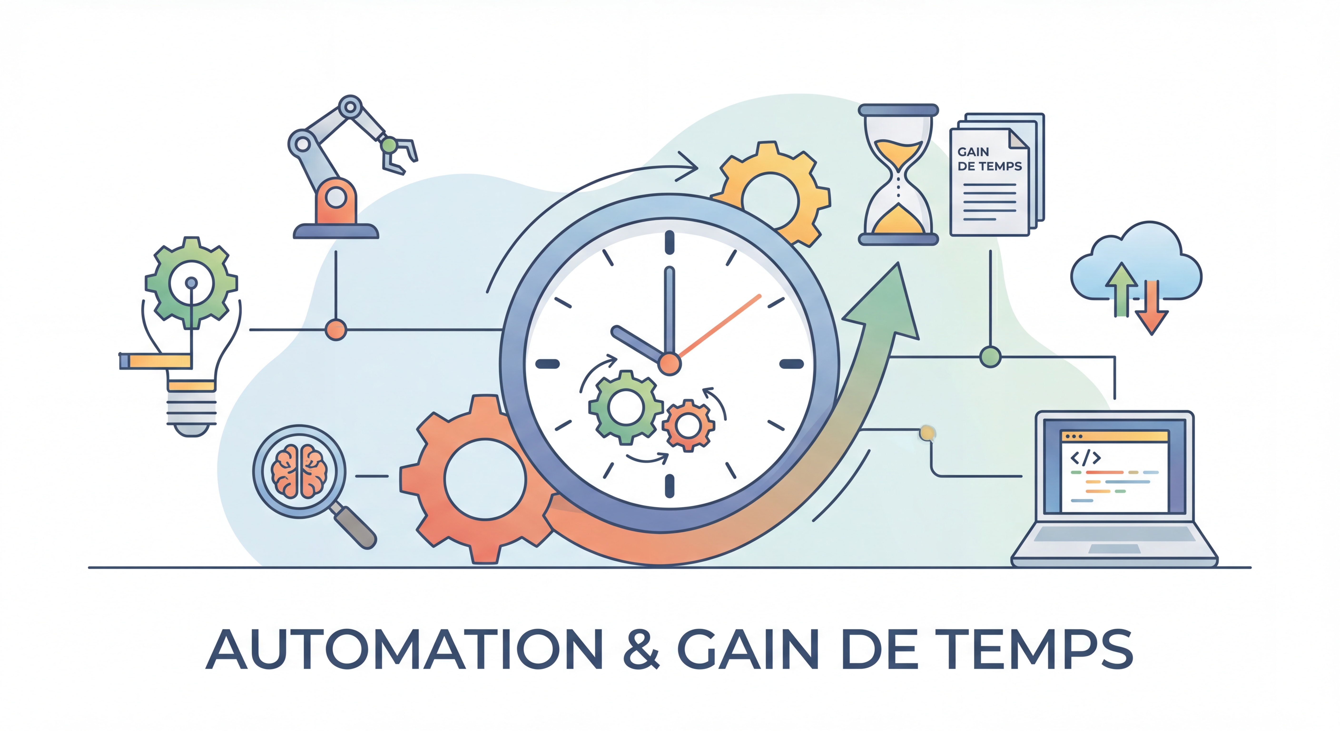 Illustration flat design représentant l'automation et le gain de temps — engrenages connectés, horloge, outils IA, design épuré et coloré
