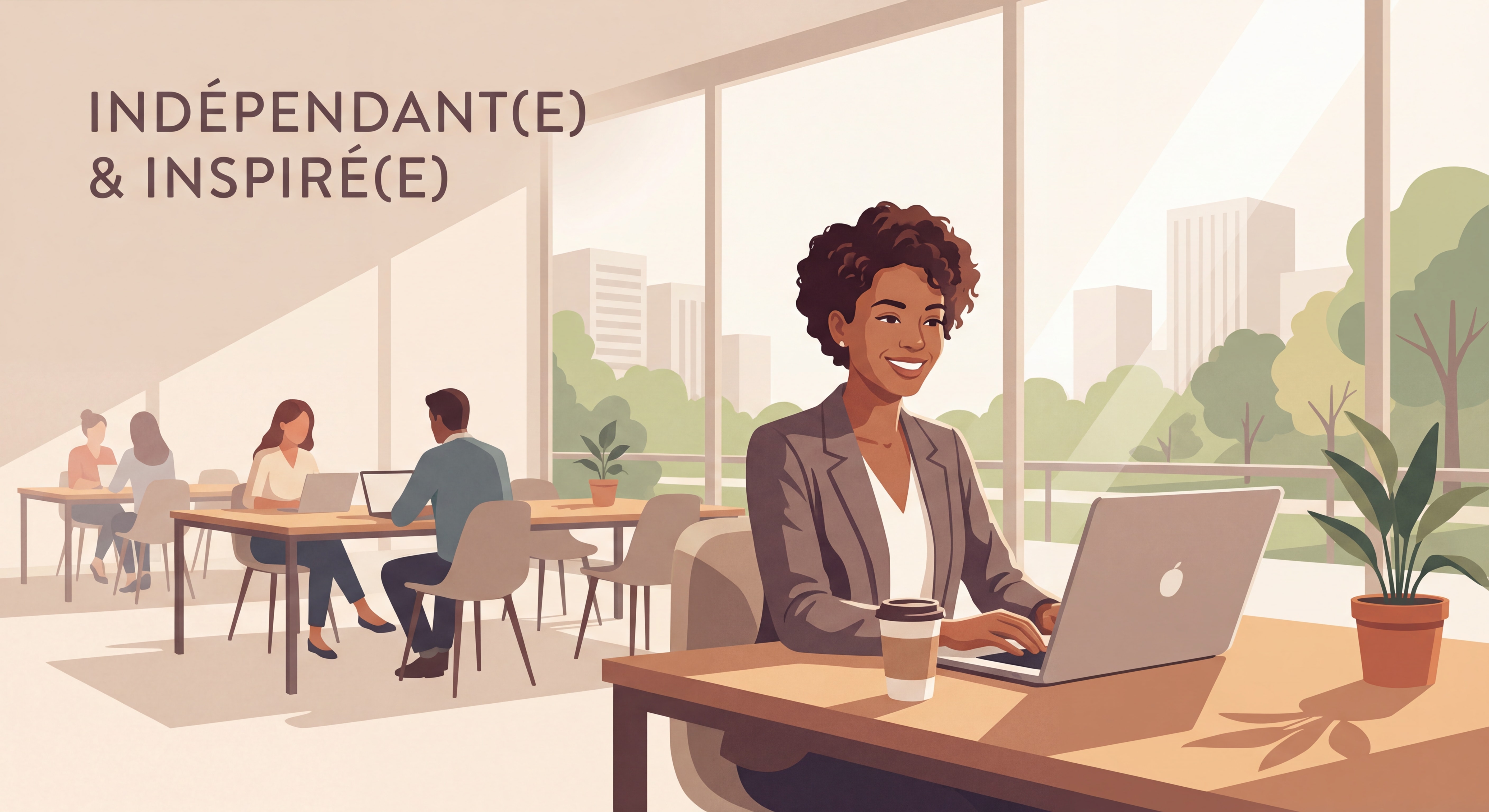 Indépendant(e) souriant(e) devant un laptop dans un espace de coworking moderne, posture confiante, lumière naturelle, ambiance inspirante