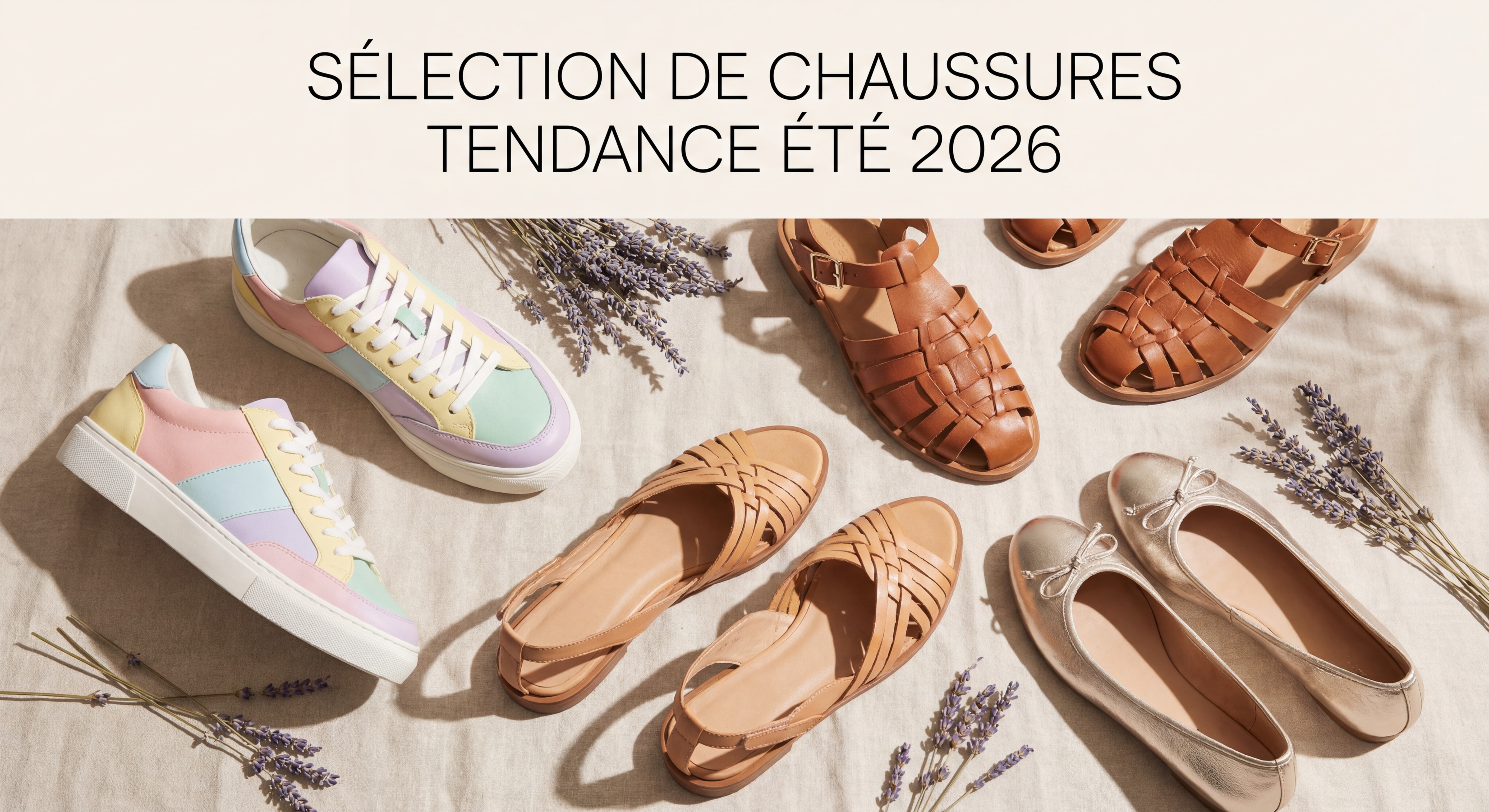 Sélection de chaussures tendance été 2026 — ballerines, sandales et sneakers colorés posés sur fond clair ensoleillé, style mode printemps-été