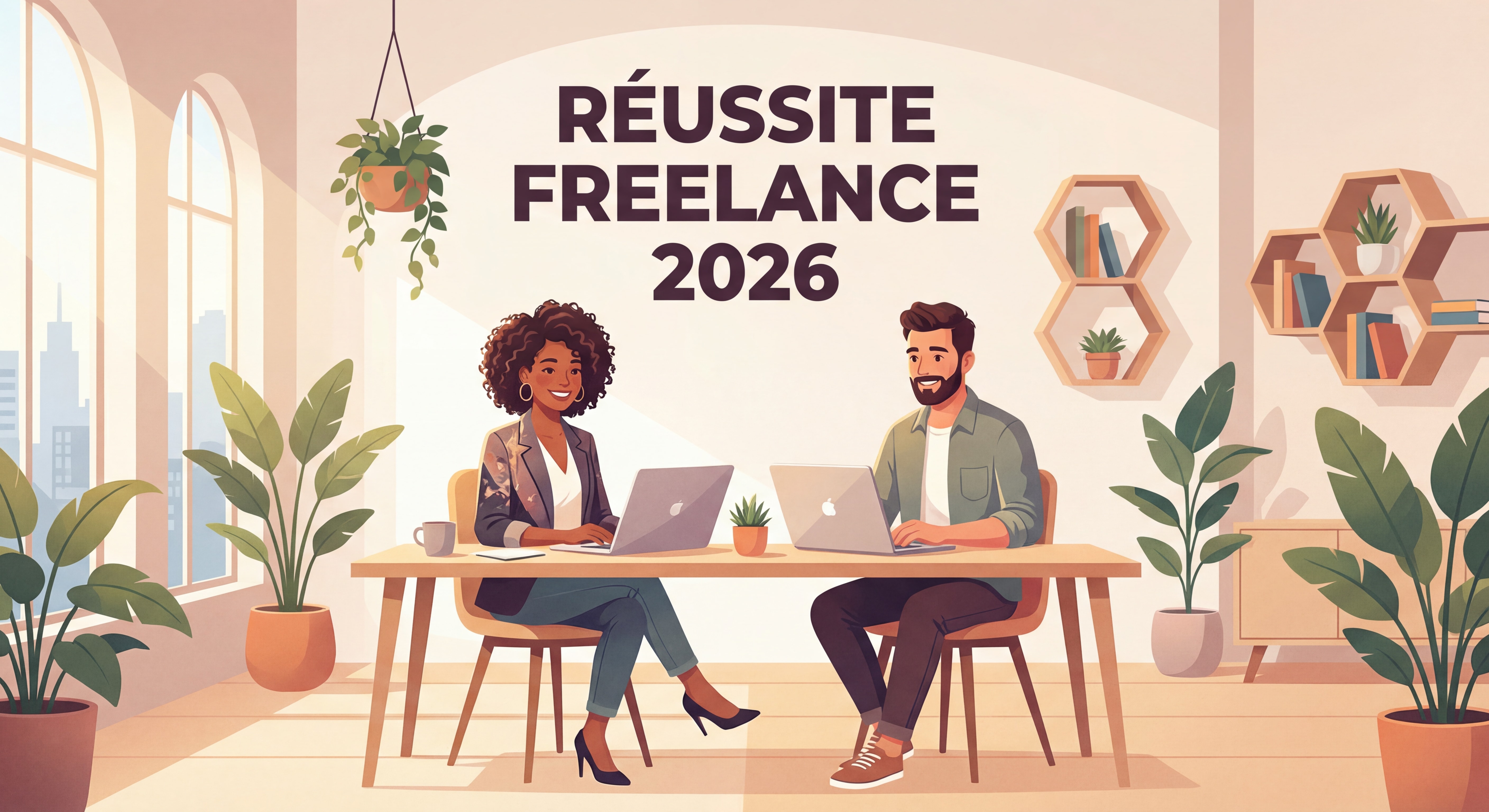 Indépendant(e) confiant(e) souriant(e) devant un laptop dans un espace de travail moderne et lumineux, symbolisant la réussite freelance en 2026