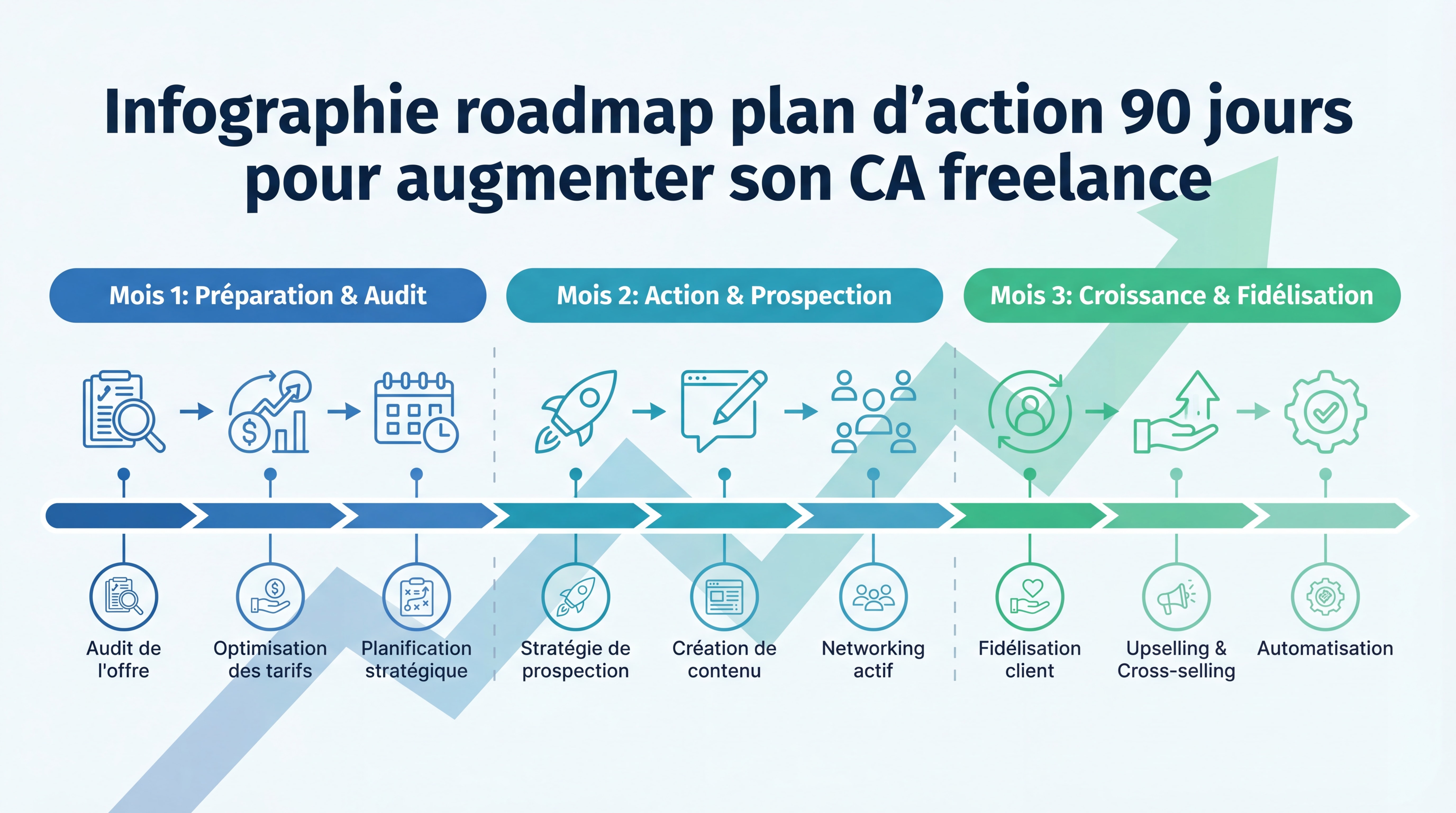 Infographie roadmap plan d'action 90 jours pour augmenter son CA freelance — timeline visuelle avec les 3 mois et les étapes clés, style moderne et actionnable