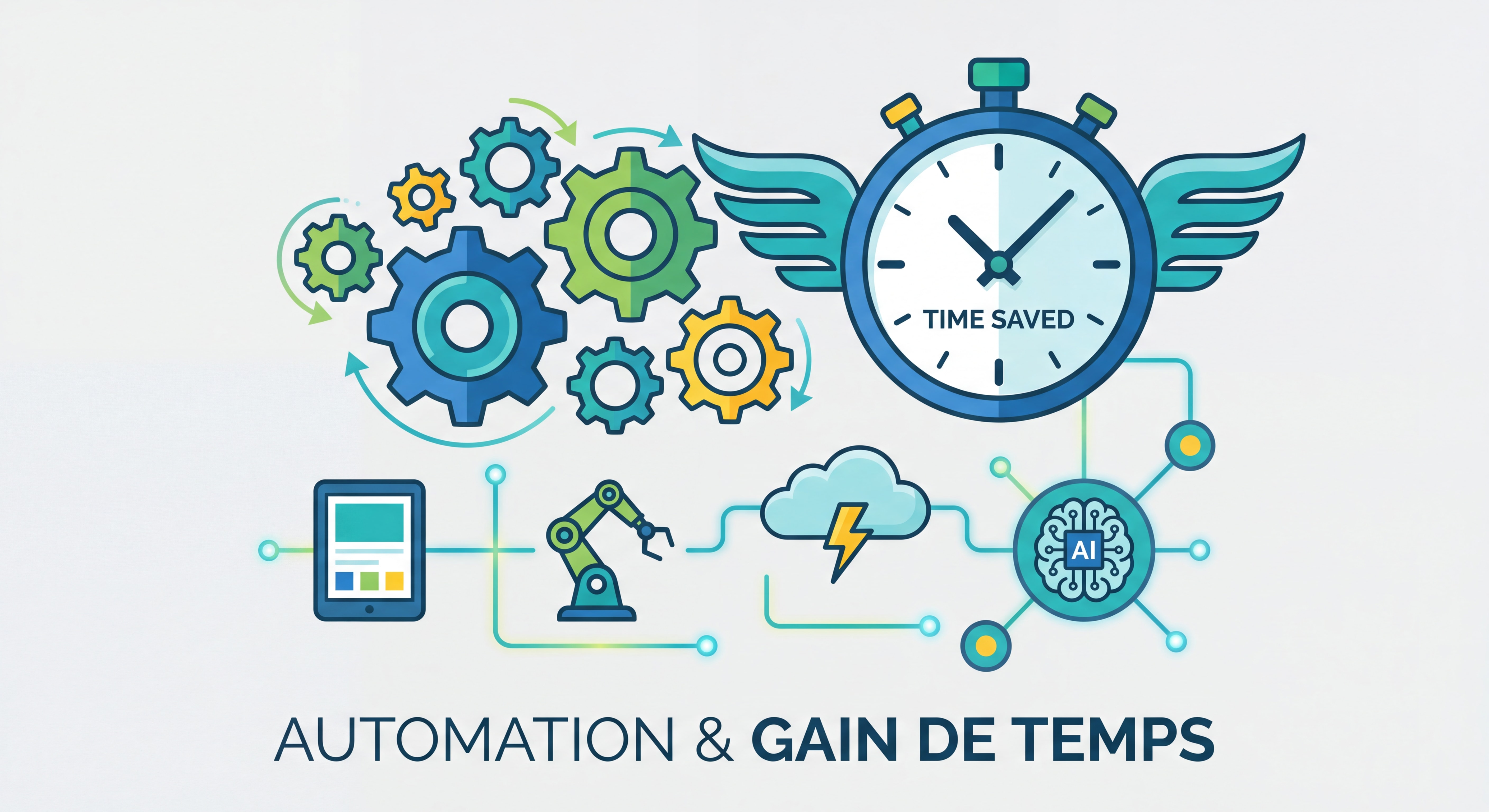 Illustration flat design moderne représentant l'automation et le gain de temps — engrenages, horloge, outils connectés, intelligence artificielle, style épuré aux couleurs vives et professionnelles