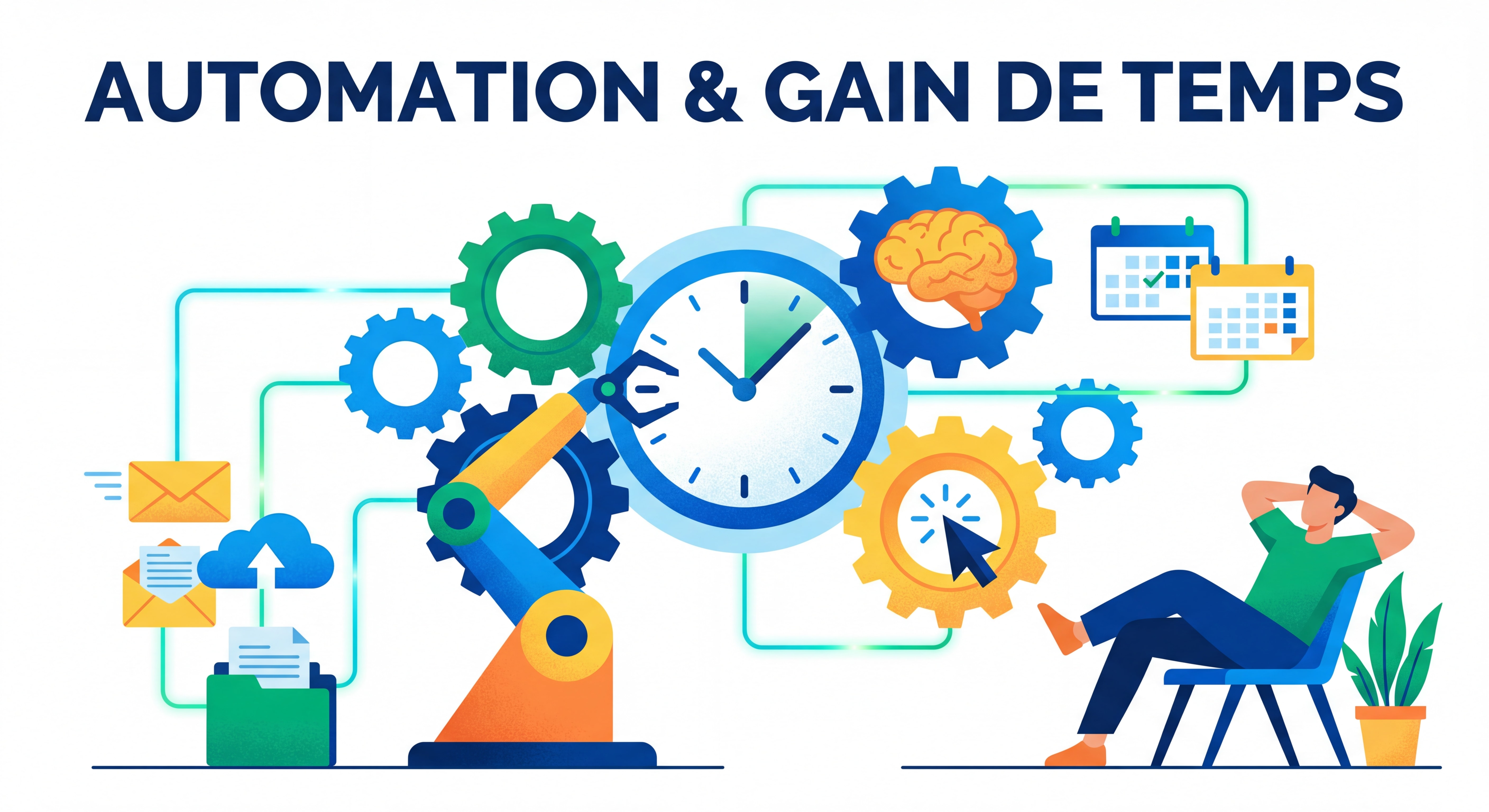 Illustration flat design moderne représentant l'automation et le gain de temps : engrenages, horloge, outils IA connectés, palette de couleurs vives et professionnelles