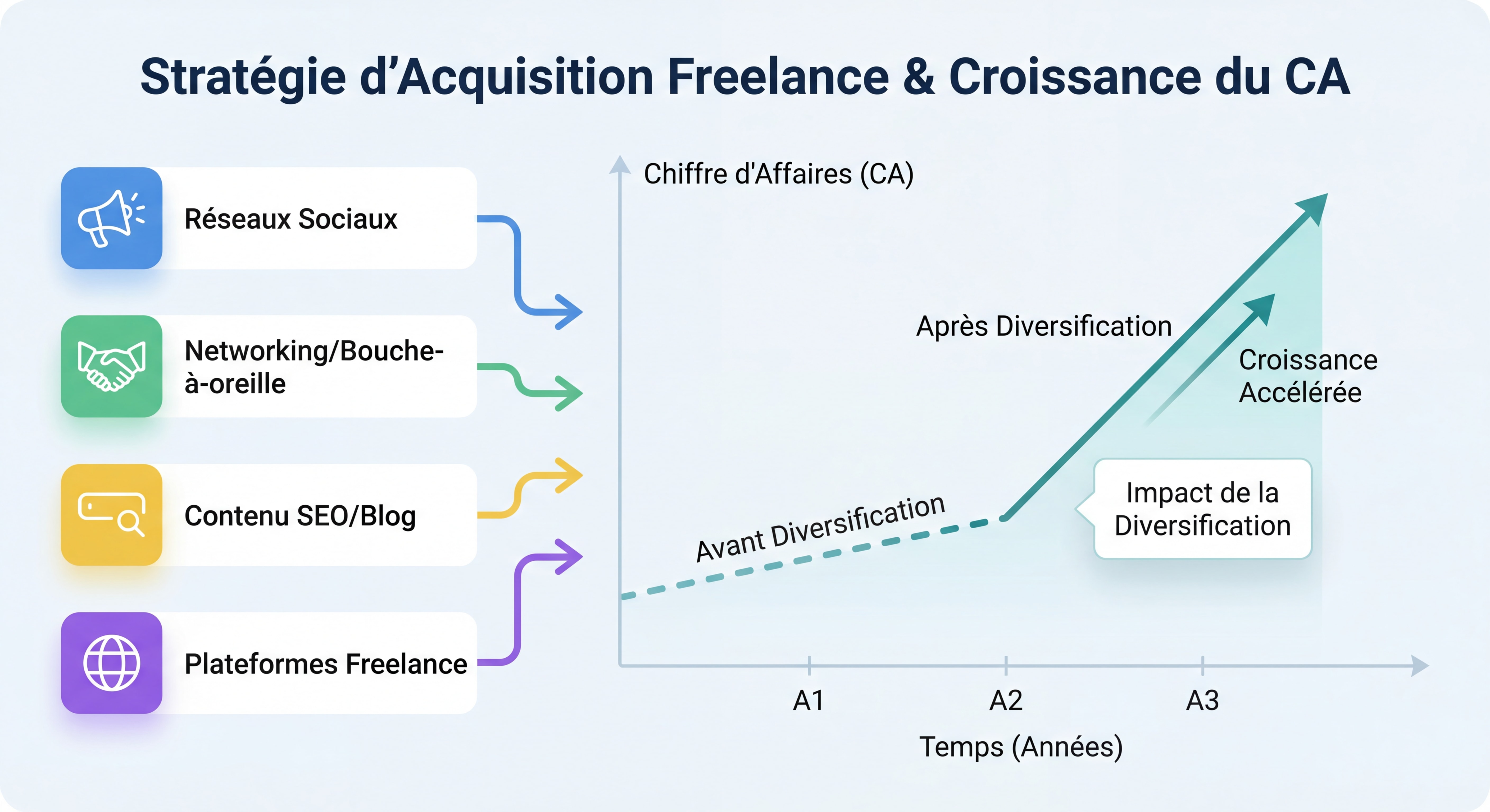 Infographie illustrant les 4 canaux d'acquisition clients freelance avec courbe d'évolution du CA avant/après diversification, design moderne data viz