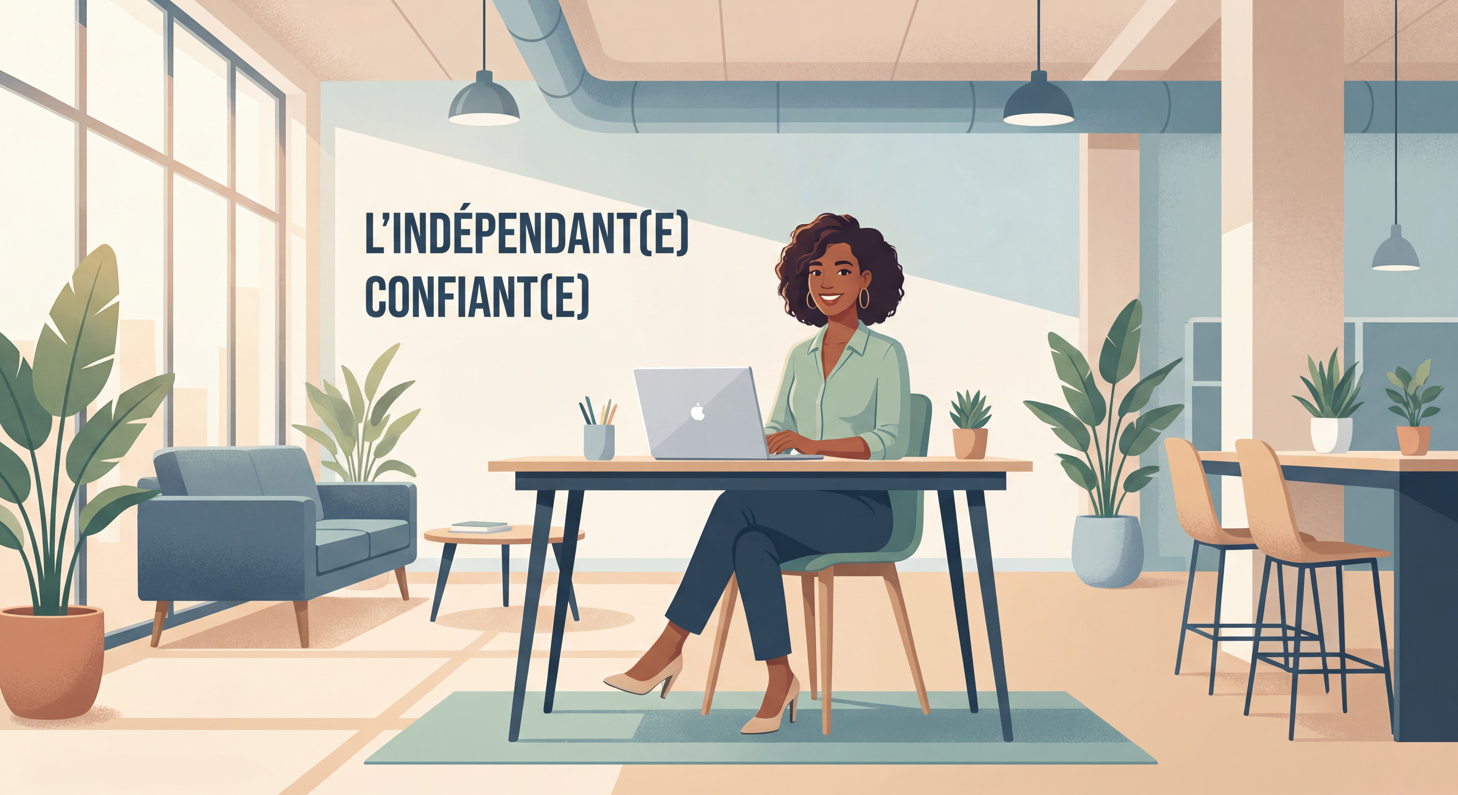 Indépendant(e) confiant(e) souriant(e) devant un laptop dans un espace de travail moderne et lumineux, posture inspirante, bureau épuré