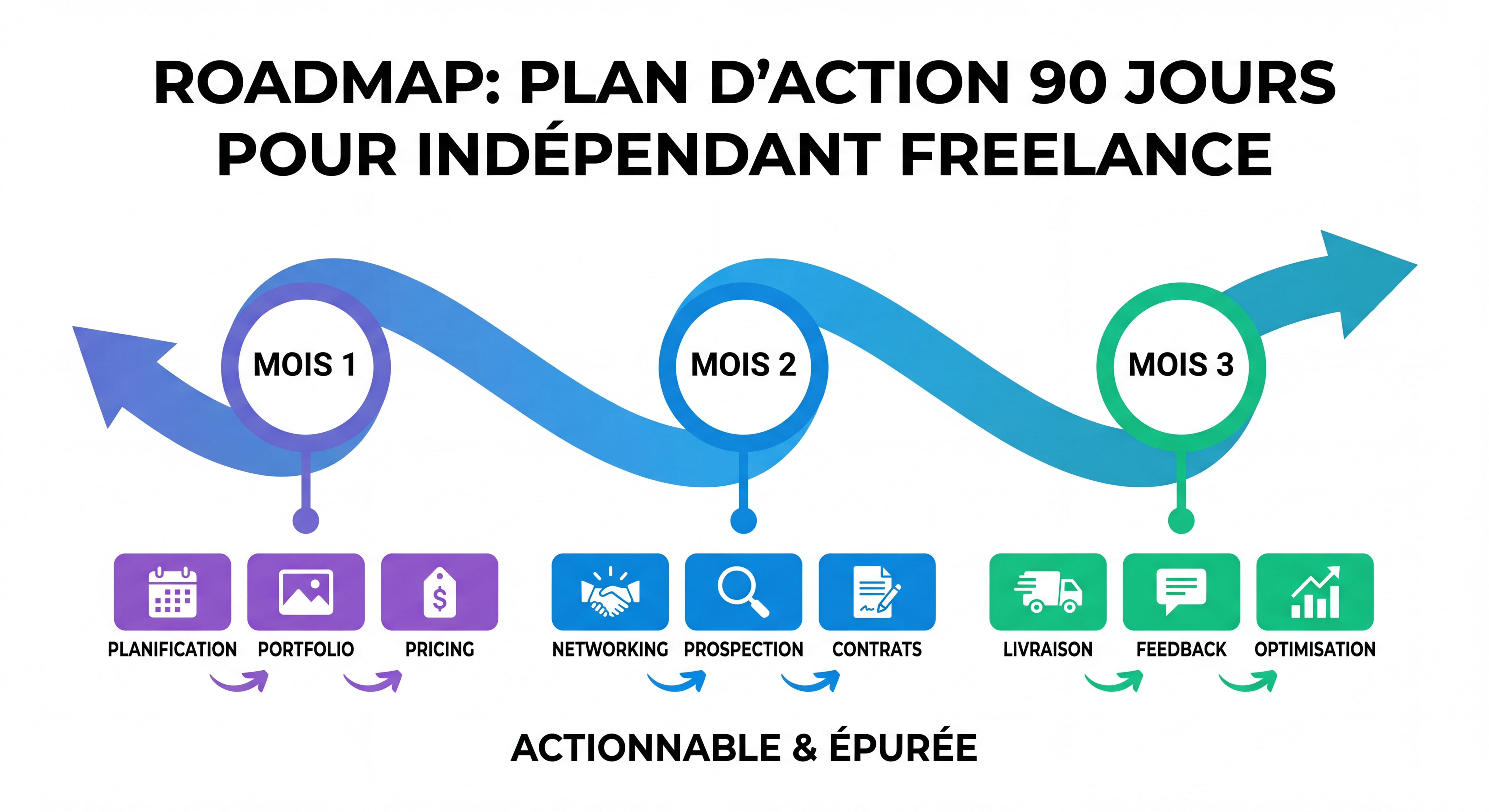 Roadmap visuelle plan d'action 90 jours pour indépendant freelance avec timeline et étapes clés colorées, infographie épurée et actionnable