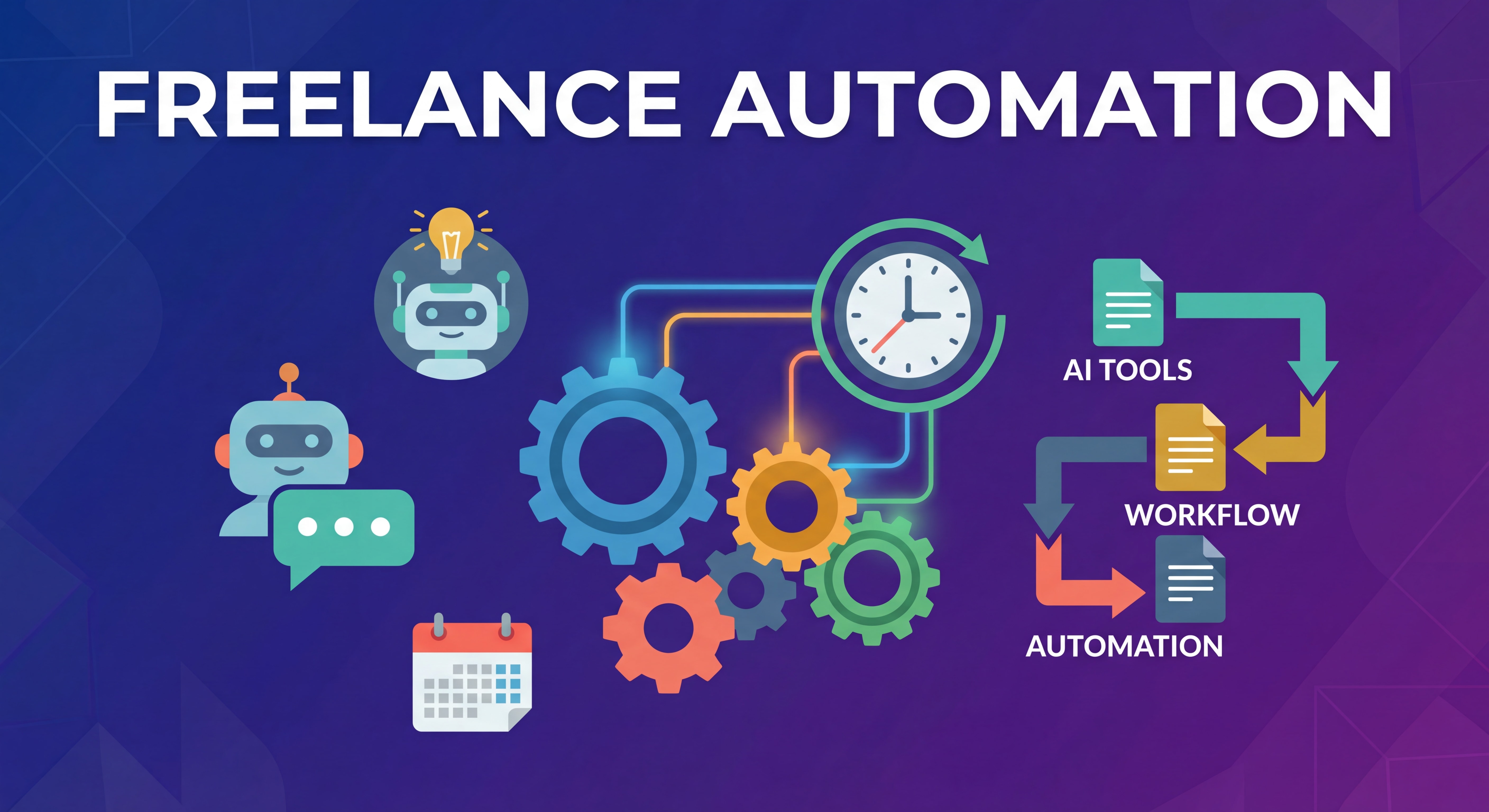 Illustration flat design moderne représentant l'automation freelance – engrenages connectés, horloge, outils IA, workflow automatisé, couleurs vives professionnelles