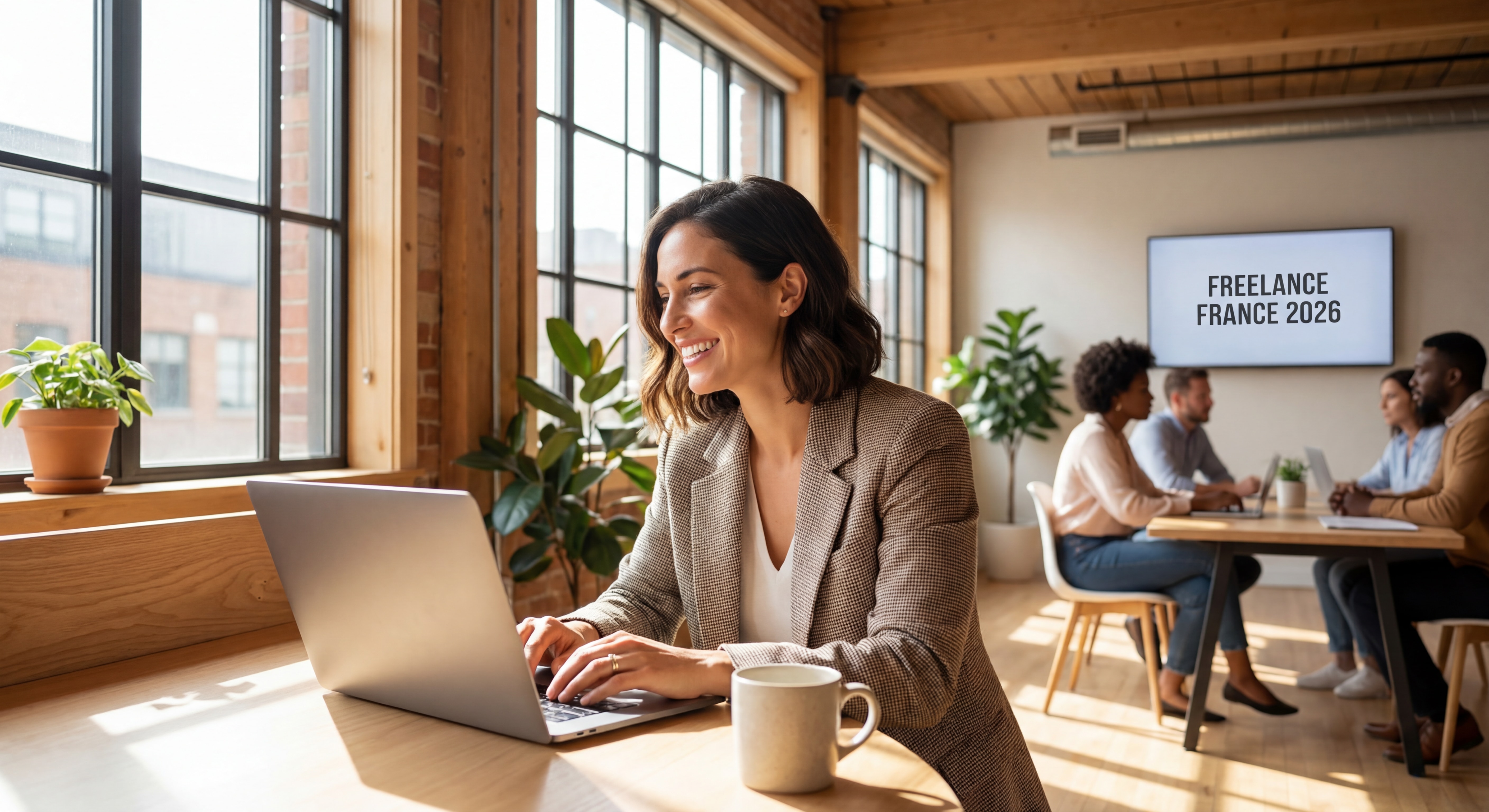 Indépendante confiante travaillant sur son laptop dans un espace de coworking moderne, lumière naturelle, sourire épanoui, posture assurée – freelance France 2026
