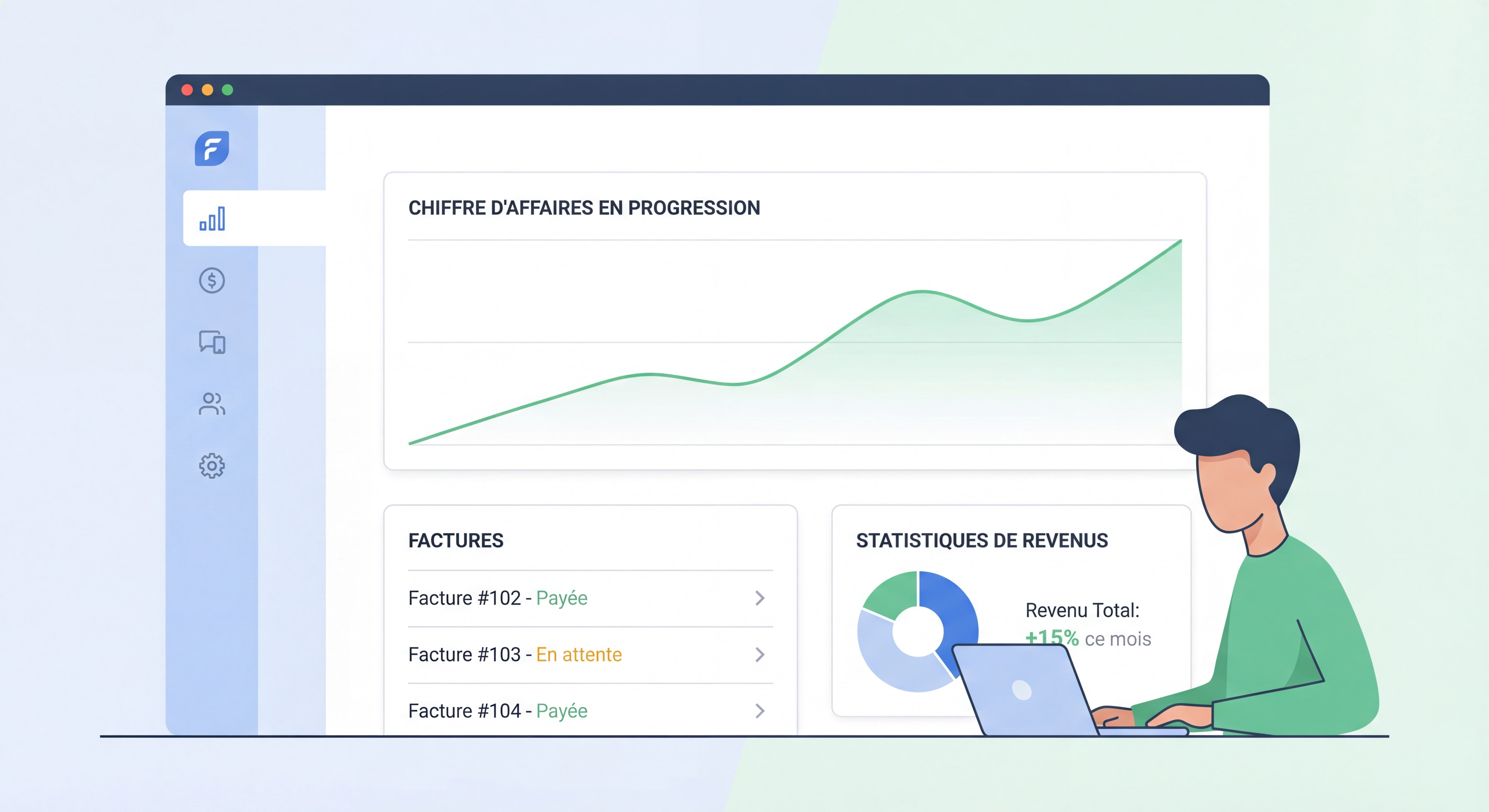 Dashboard propre et moderne d'un outil de gestion freelance montrant le suivi du chiffre d'affaires, les factures et les statistiques de revenus en progression