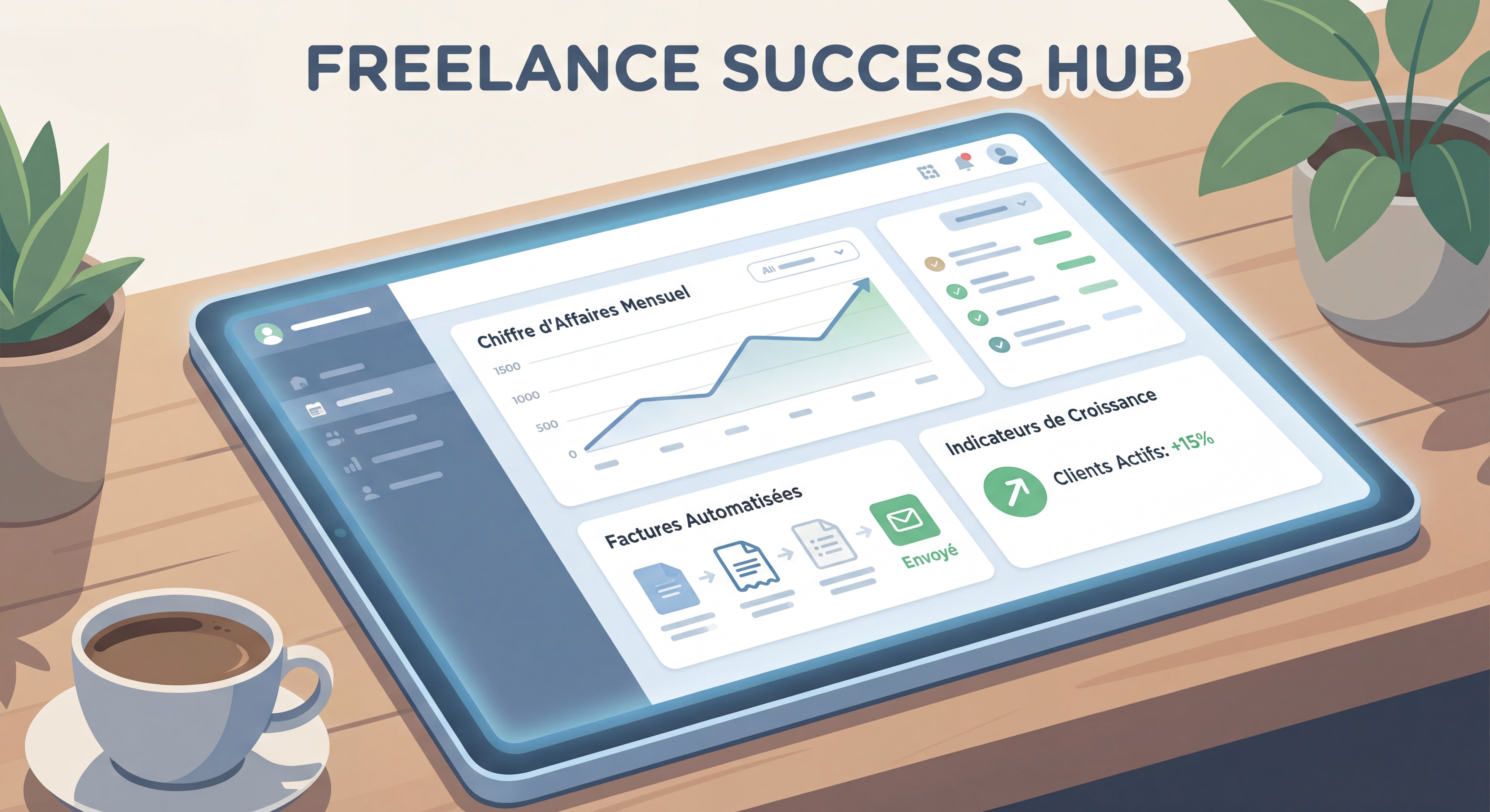 Dashboard moderne d'un outil de gestion freelance montrant le suivi du chiffre d'affaires, les factures automatisées et les indicateurs de croissance – interface clean et inspirante