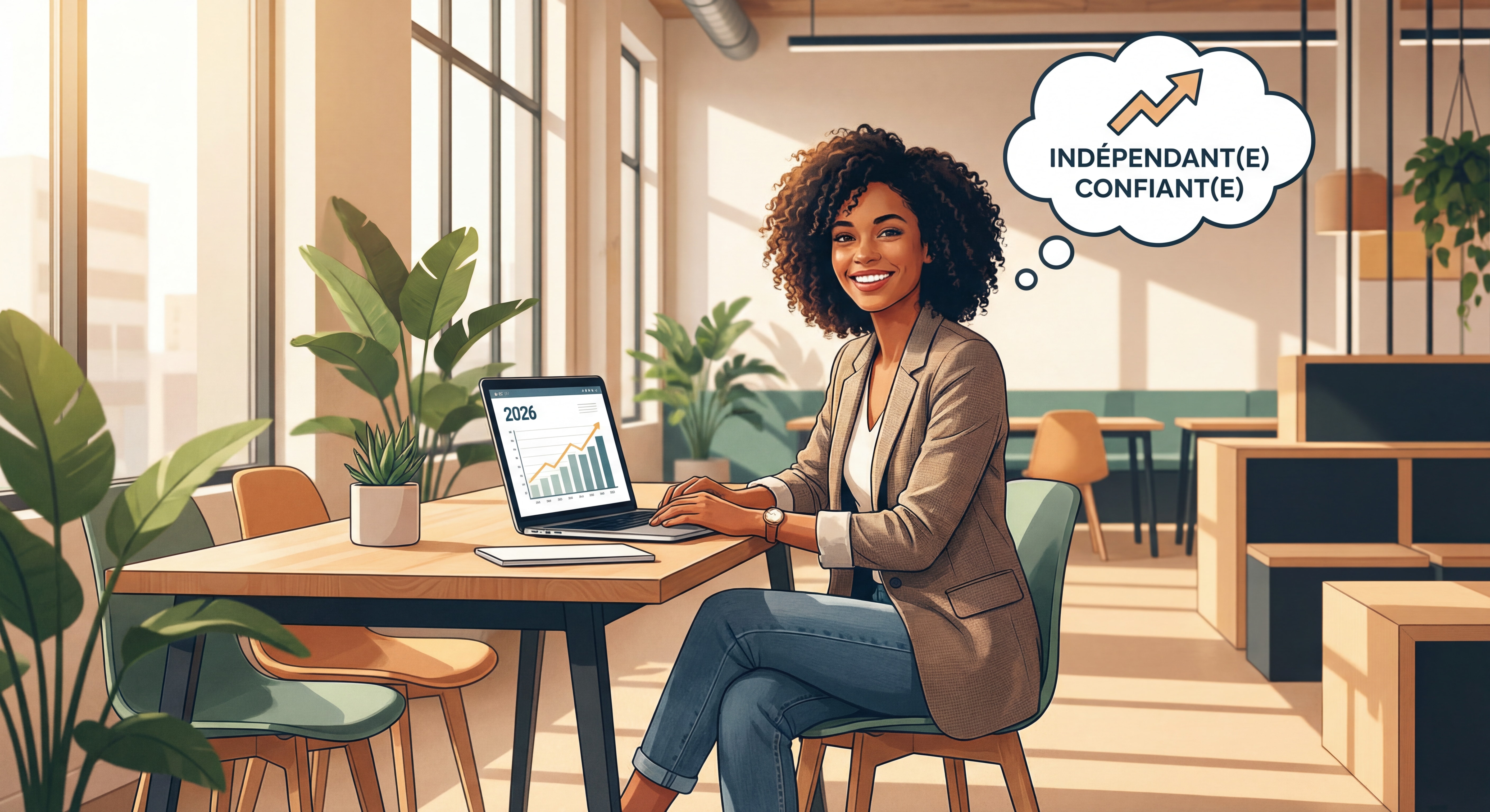 Indépendant(e) confiant(e) souriant devant un laptop dans un espace de travail moderne et lumineux, symbolisant la réussite freelance en 2026