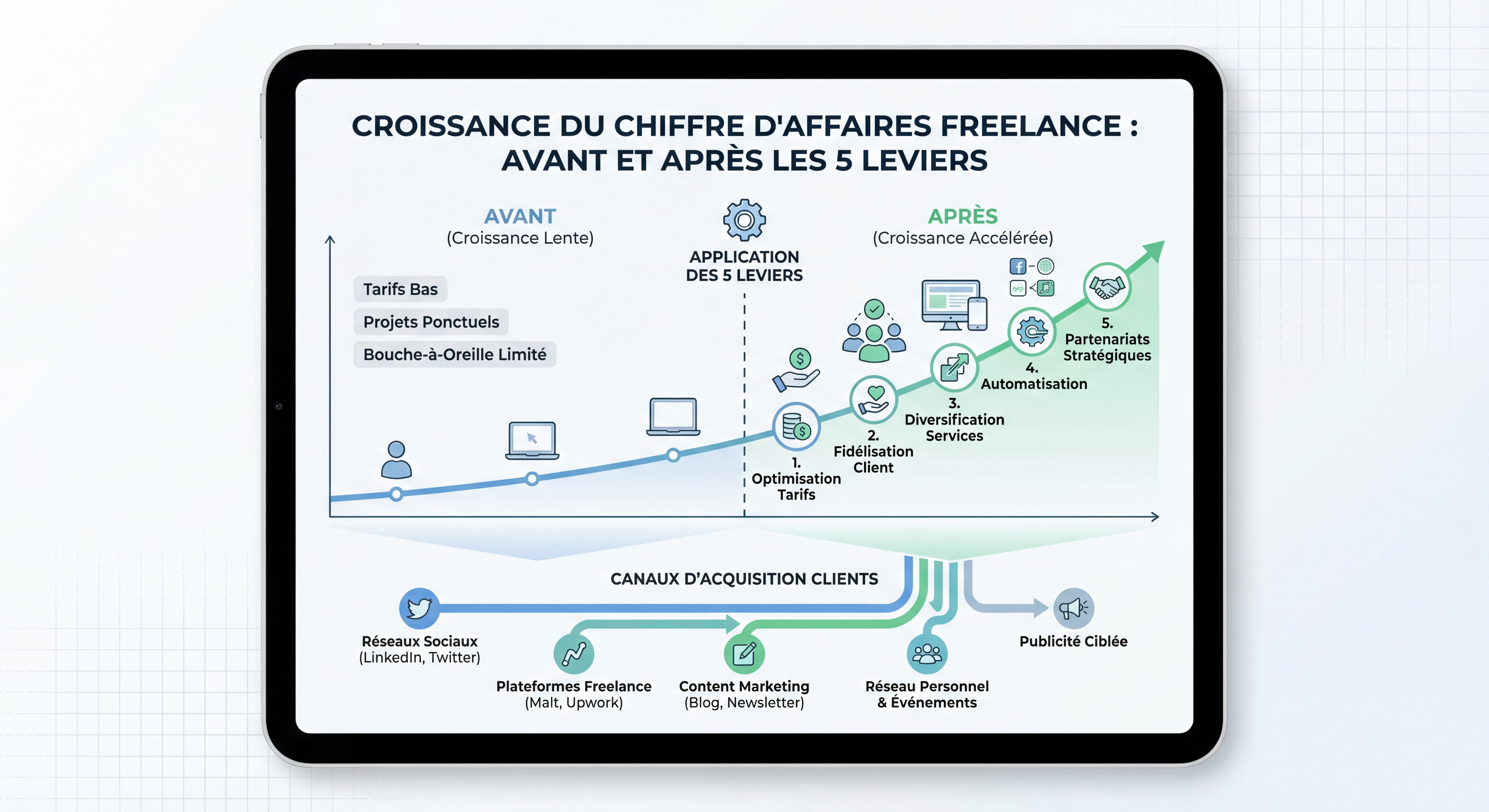 Infographie montrant une courbe de croissance du chiffre d'affaires freelance avant et après l'application des 5 leviers, avec visualisation des différents canaux d'acquisition clients