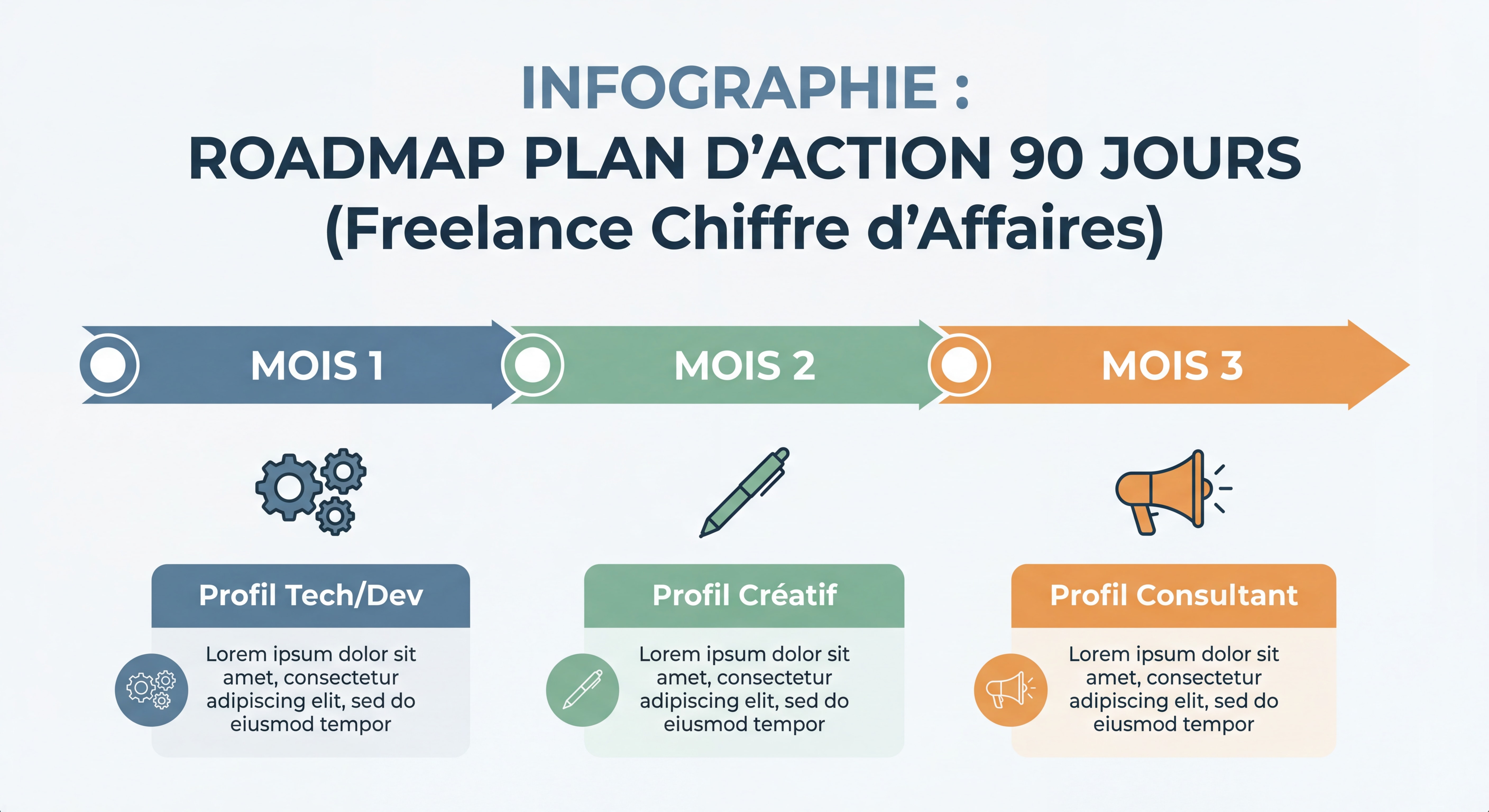 Infographie roadmap plan d'action 90 jours pour augmenter son chiffre d'affaires freelance, avec timeline visuelle des 3 mois et étapes clés par profil