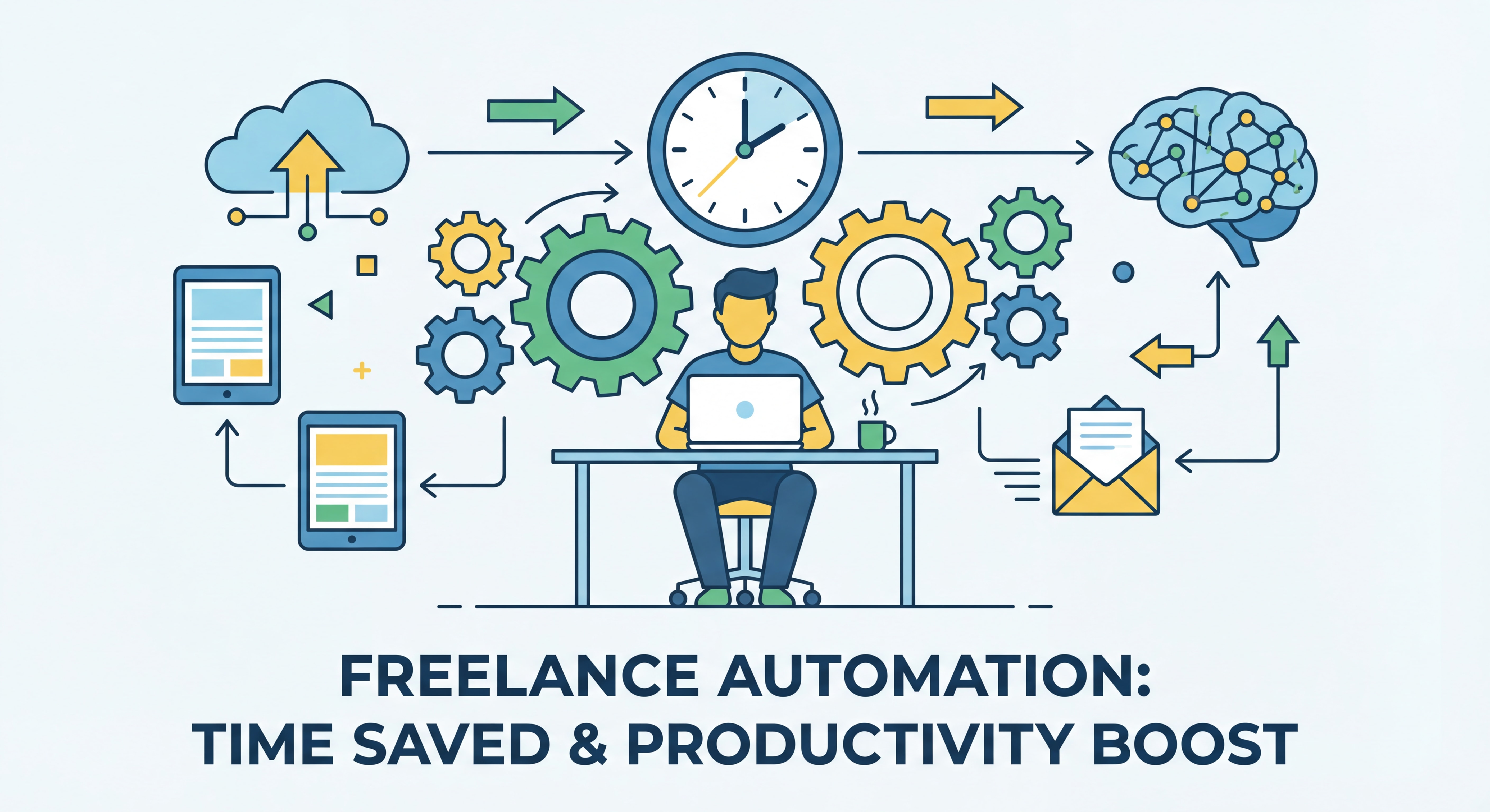 Illustration flat design représentant l'automation freelance avec engrenages, horloge, outils connectés et intelligence artificielle, symbolisant le gain de temps et la productivité