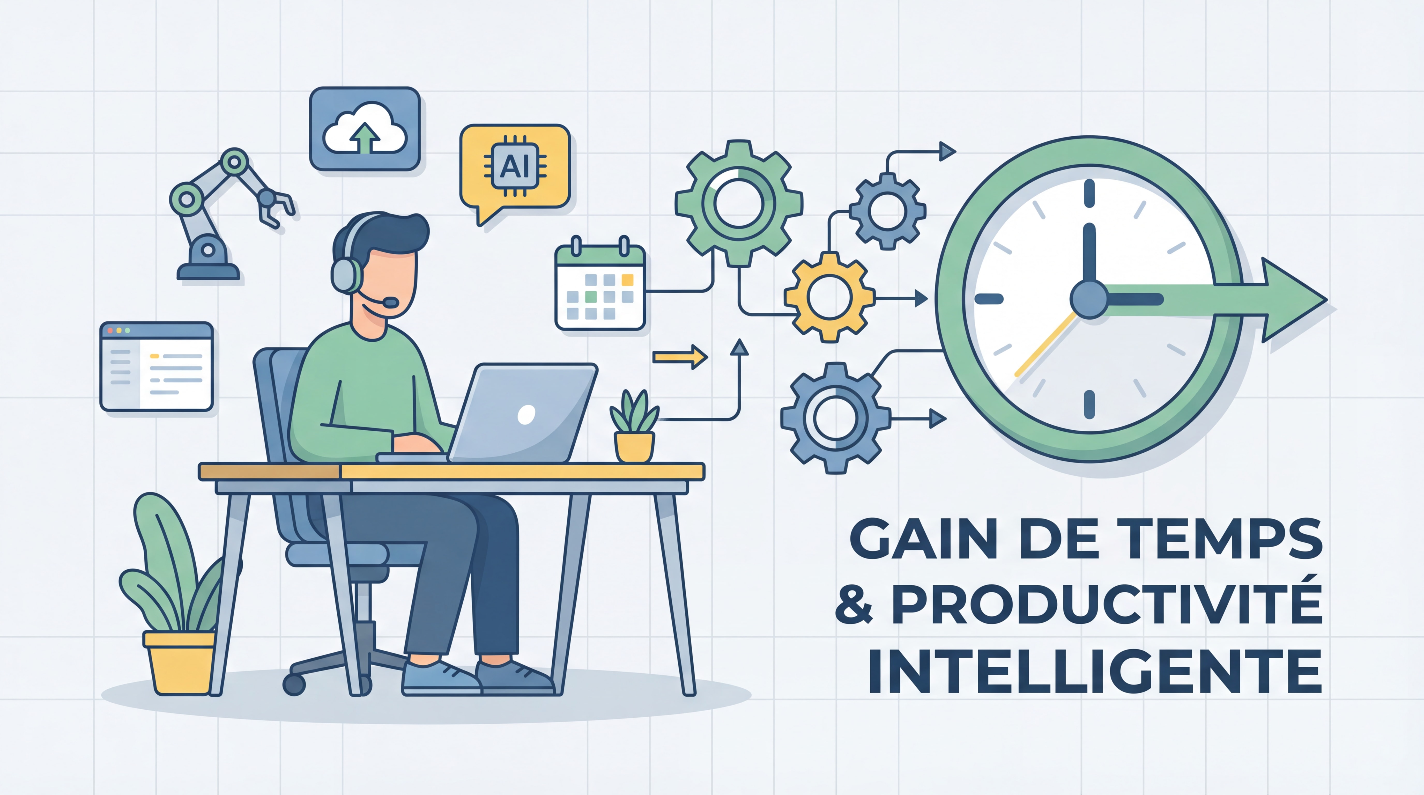 Illustration flat design d'un freelance entouré d'outils d'automation, d'engrenages connectés et d'une horloge symbolisant le gain de temps grâce à l'IA et la productivité intelligente