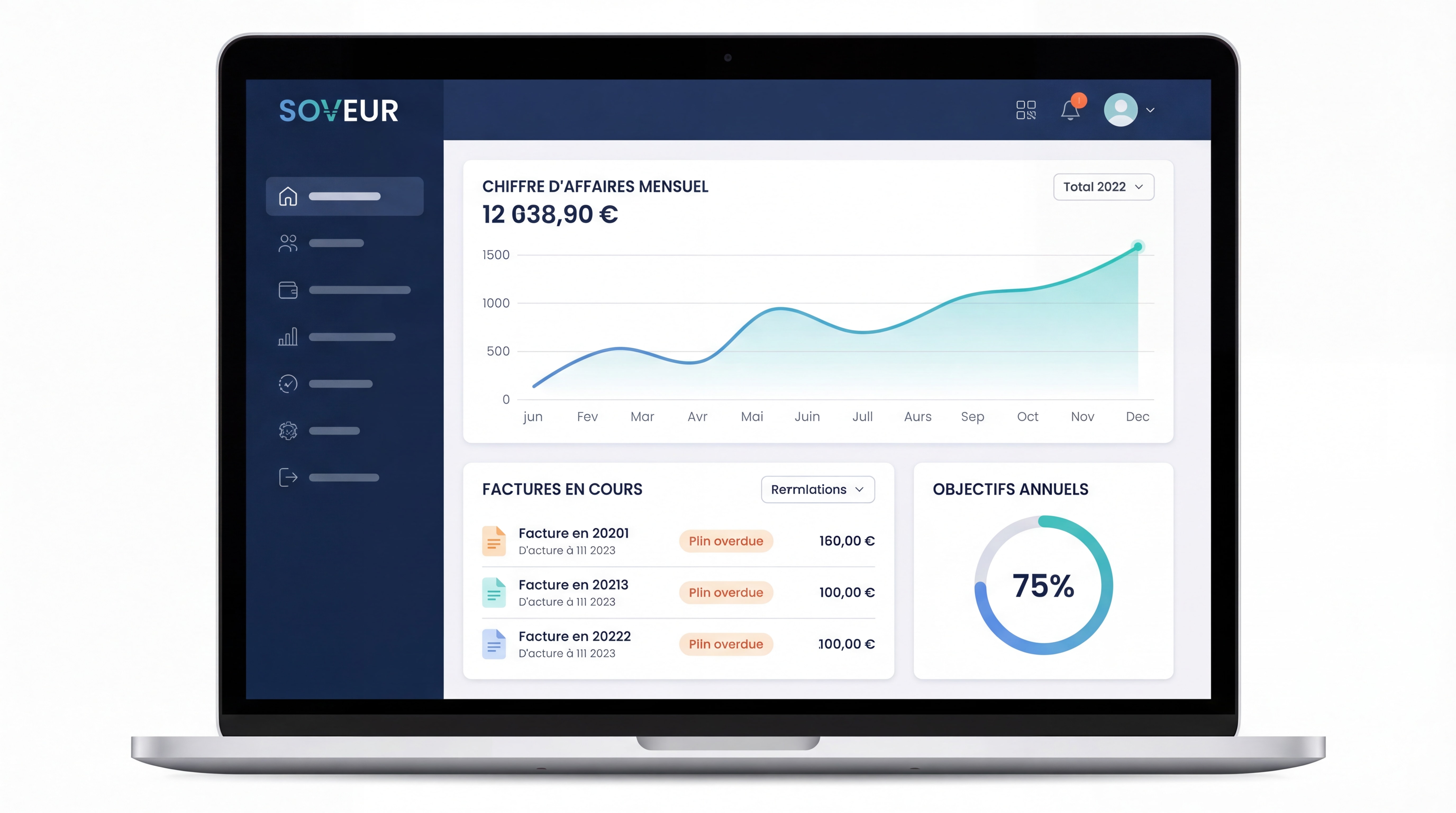 Dashboard moderne d'un outil de gestion freelance type Soveur montrant le suivi du chiffre d'affaires mensuel, les factures en cours et la progression vers les objectifs annuels