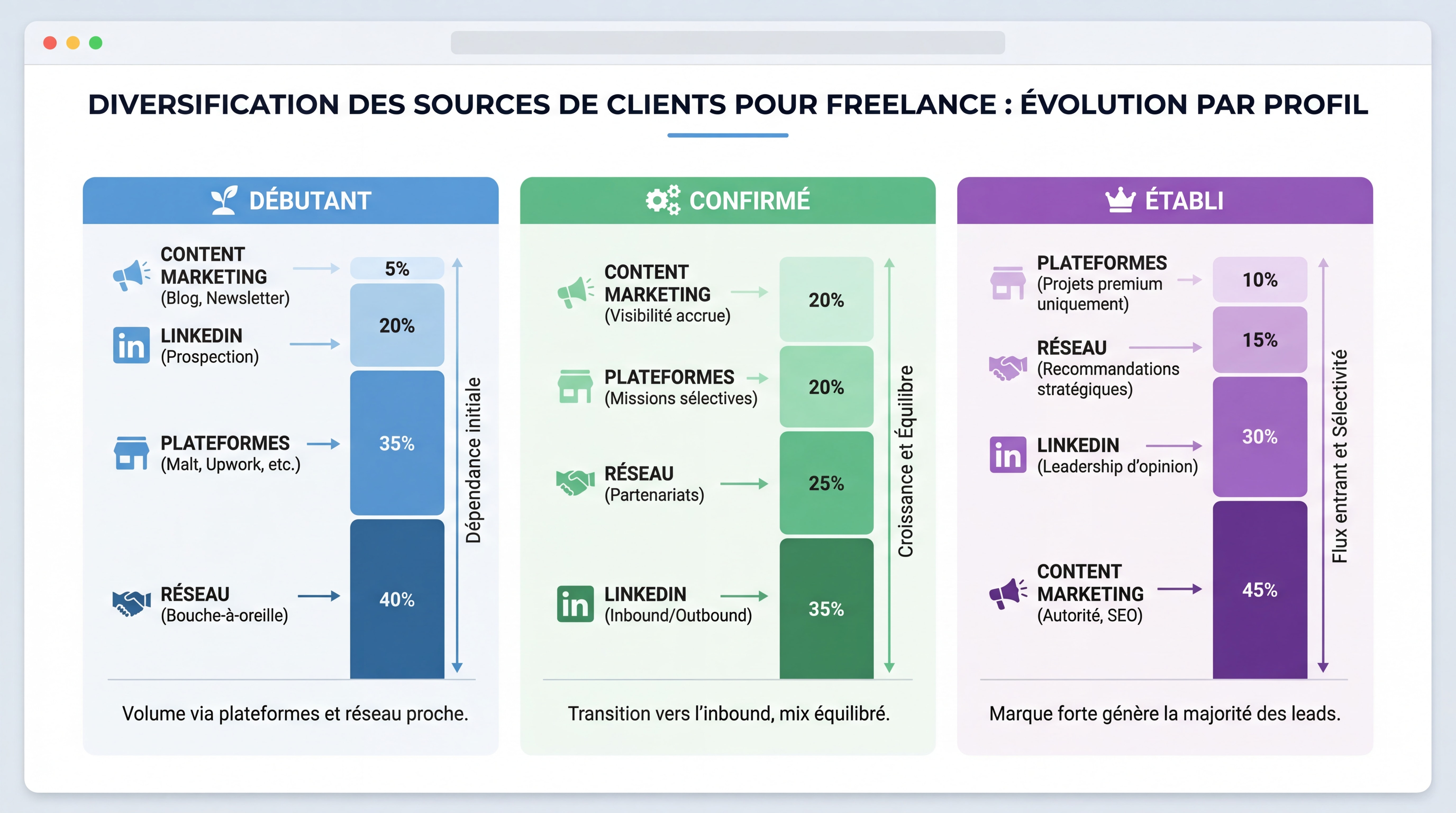 Infographie montrant la diversification des sources de clients pour un freelance : réseau, LinkedIn, plateformes, content marketing, avec des pourcentages par profil débutant, confirmé et établi