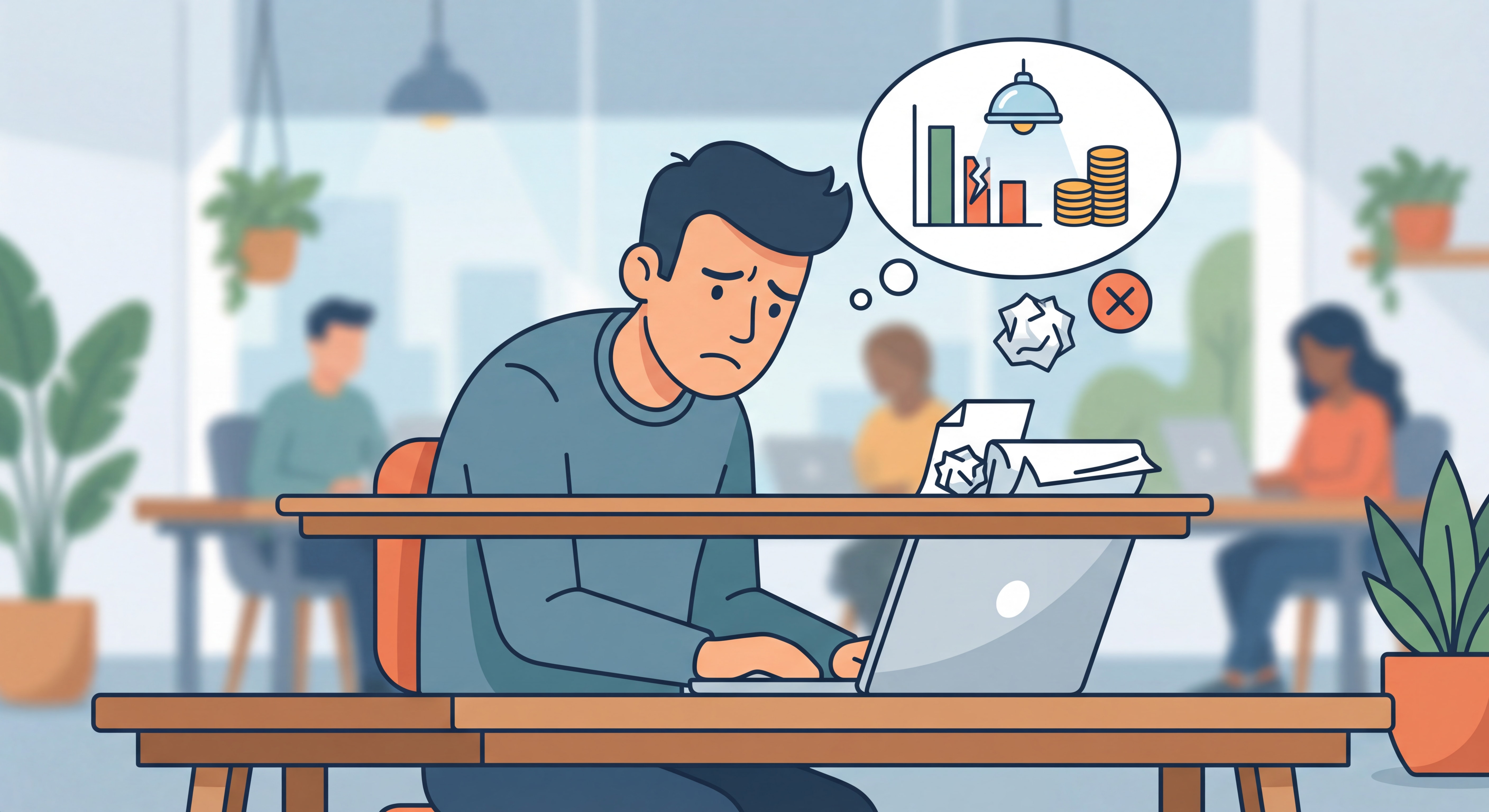 Freelance frustré devant son ordinateur portable dans un espace de coworking, symbolisant le plafonnement de revenus et les erreurs à éviter en indépendant