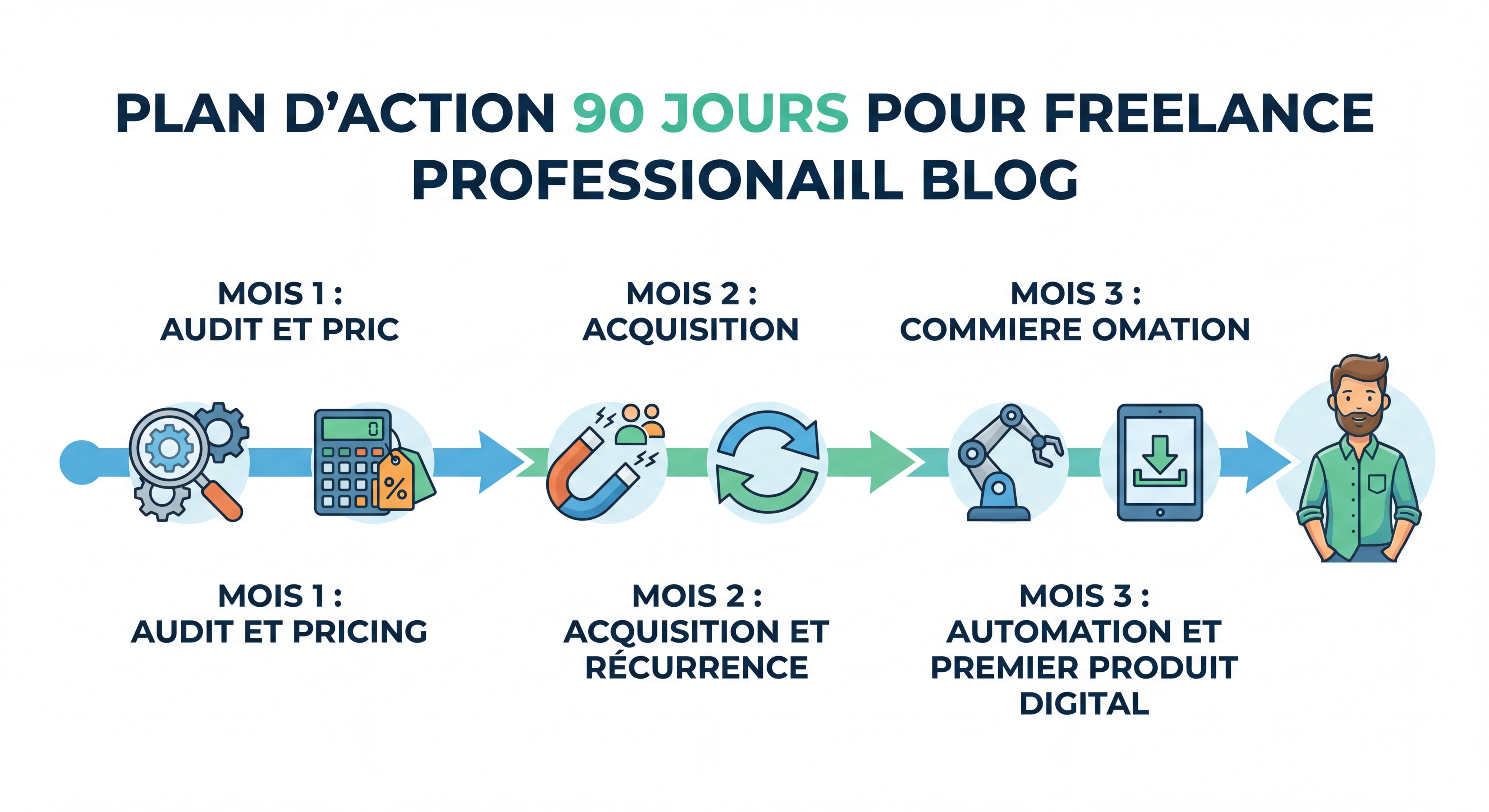 Schéma roadmap visuel du plan d'action 90 jours pour un freelance : mois 1 audit et pricing, mois 2 acquisition et récurrence, mois 3 automation et premier produit digital