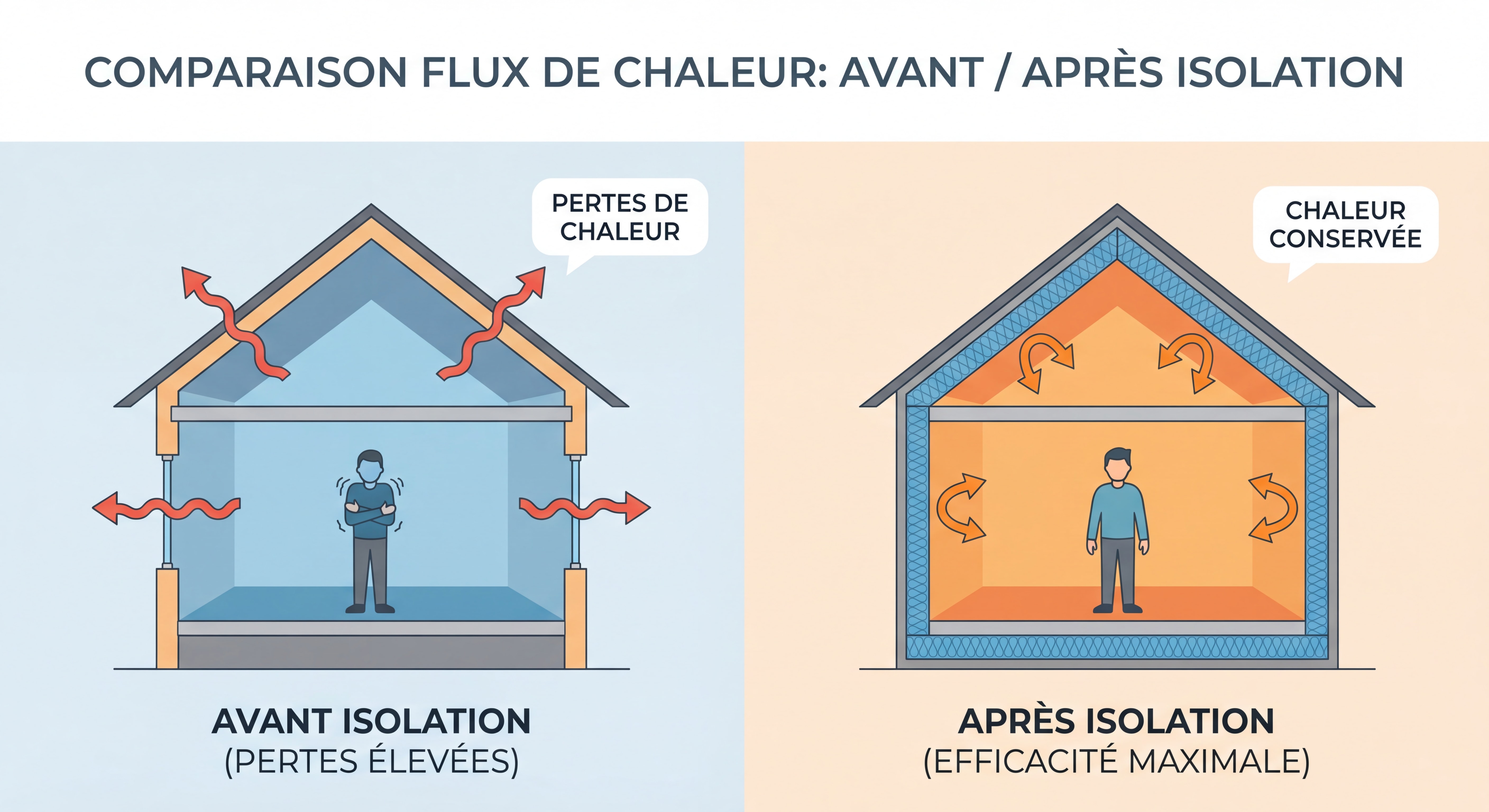 Illustration comparative avant/après isolation montrant les flux de chaleur dans une maison