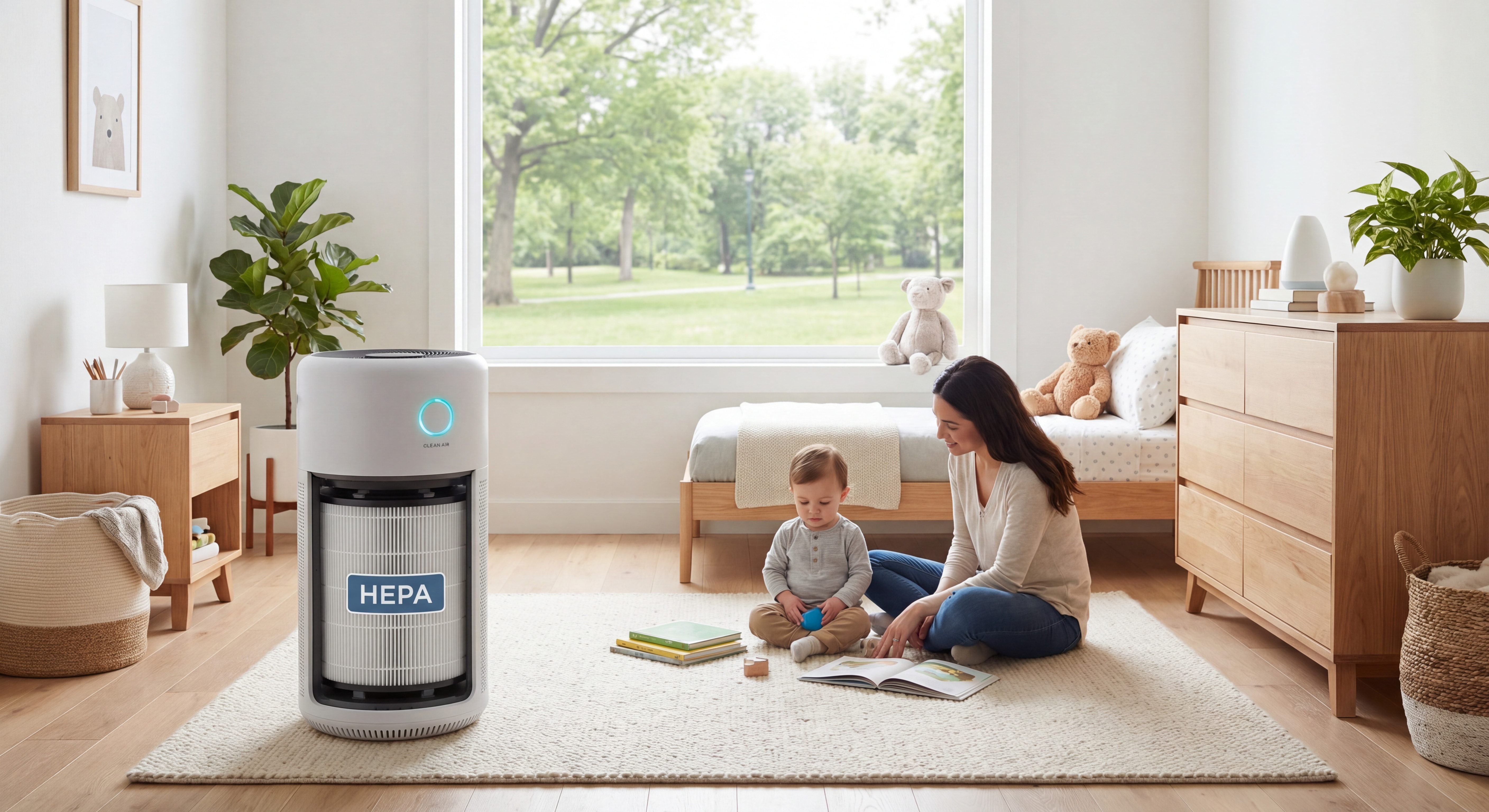 Purificateur d'air avec filtre HEPA en situation dans une chambre d'enfant