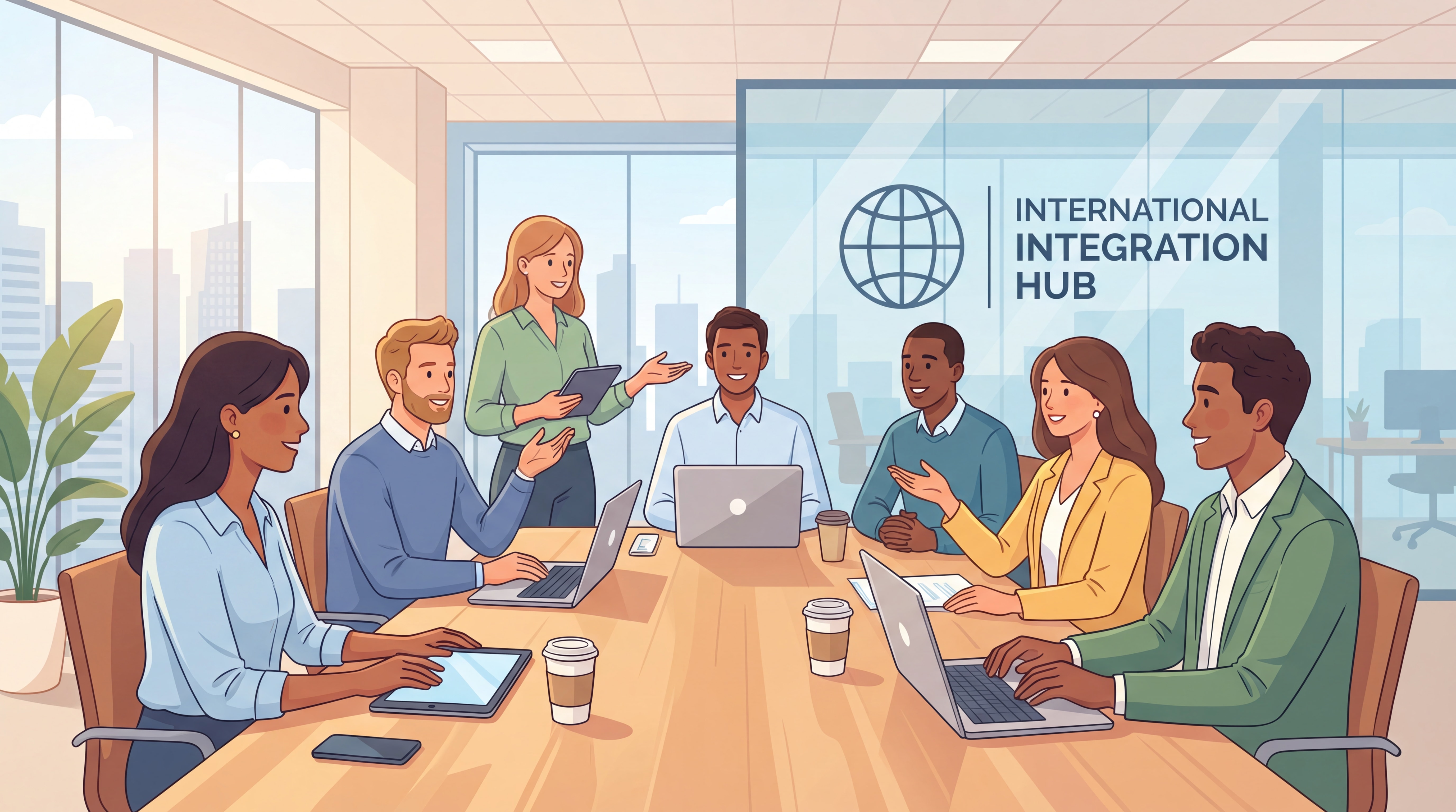 Équipe diversifiée multiculturelle en réunion professionnelle dans un bureau moderne représentant l'intégration réussie de travailleurs internationaux