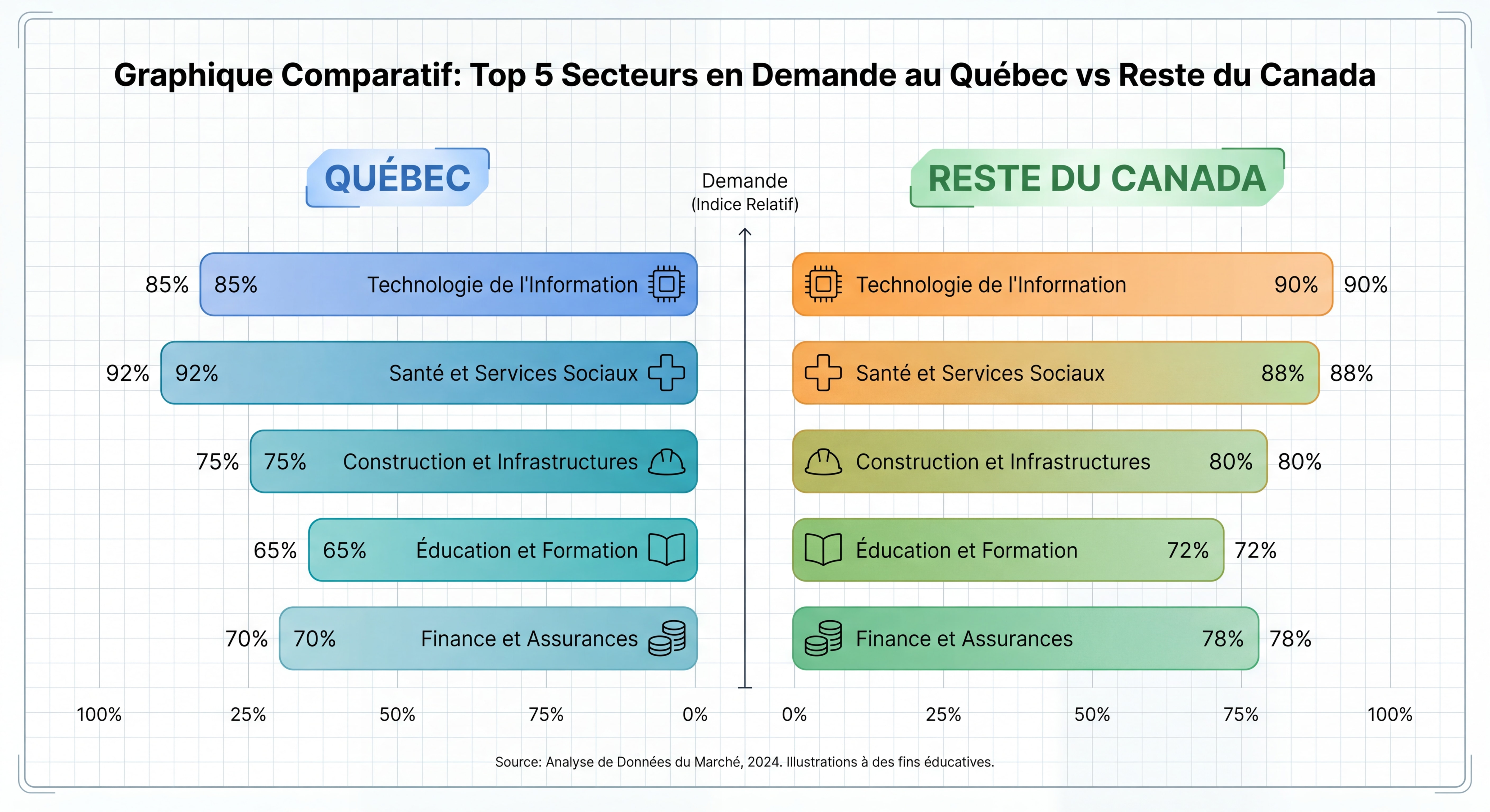 Graphique comparatif top 5 secteurs en demande Québec vs reste du Canada barres horizontales colorées