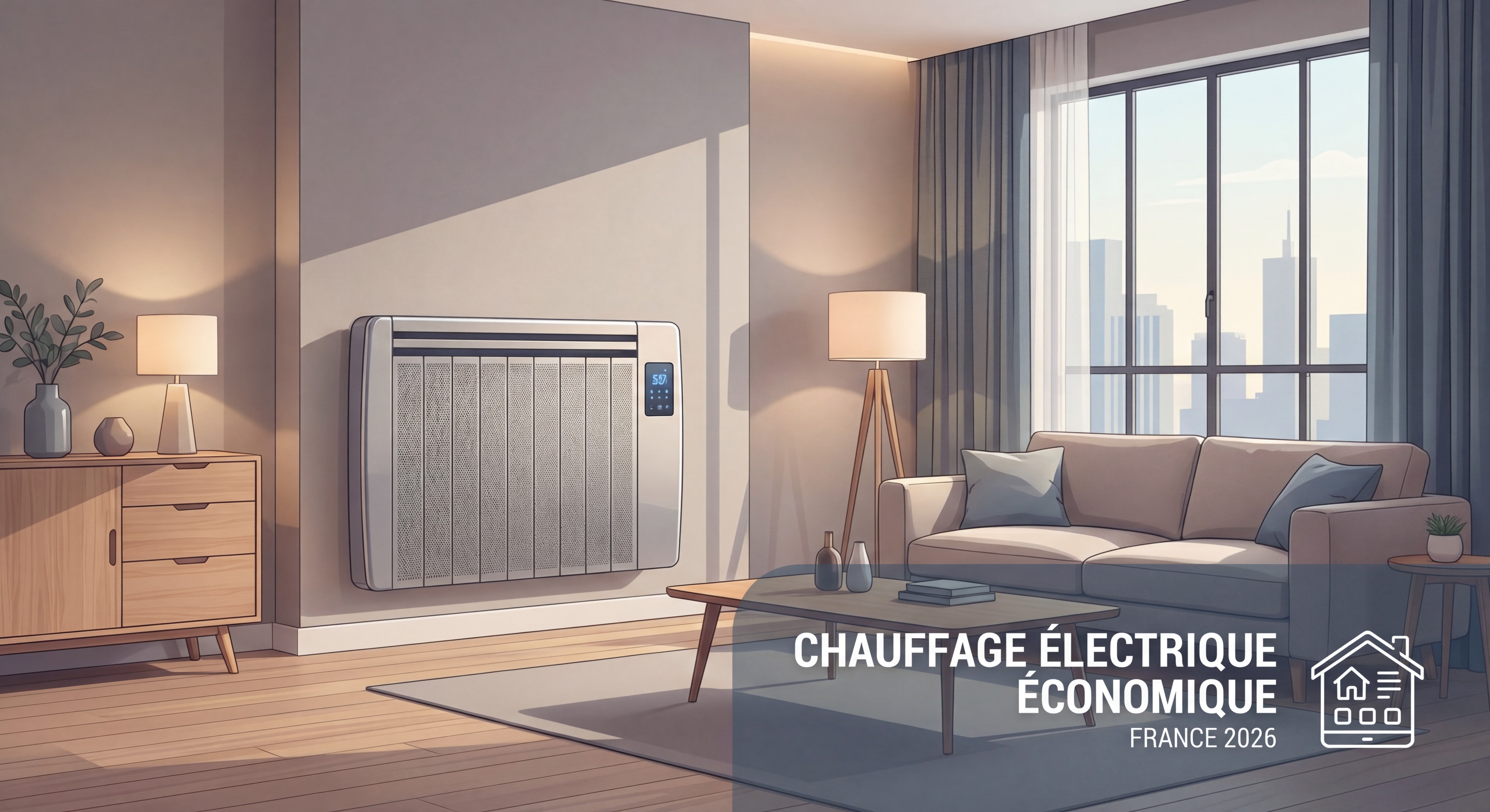 Radiateur à inertie sèche connecté installé dans un salon moderne, chauffage électrique économique France 2026