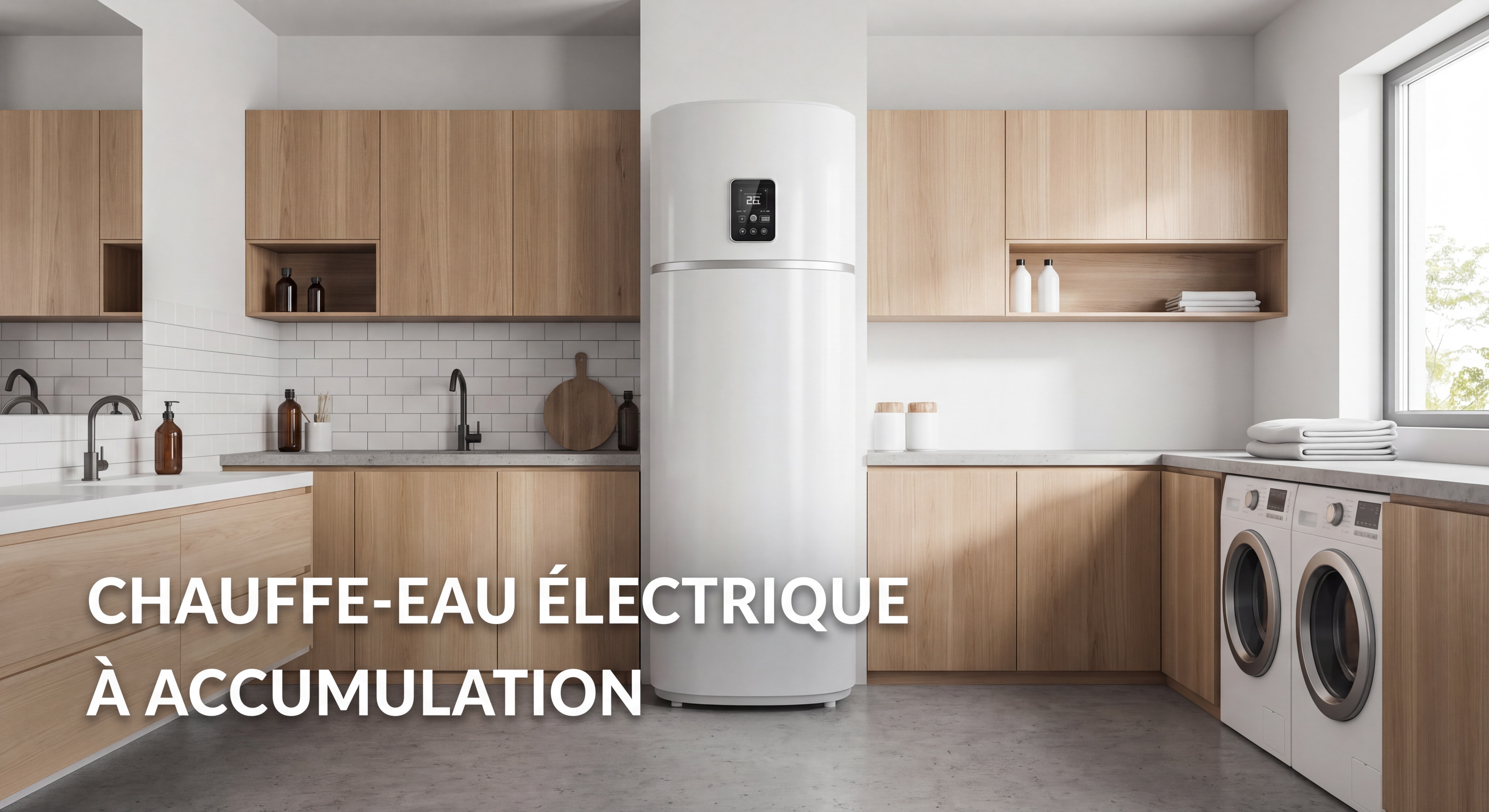 Chauffe-eau électrique à accumulation blanc installé dans une salle de bains ou local technique